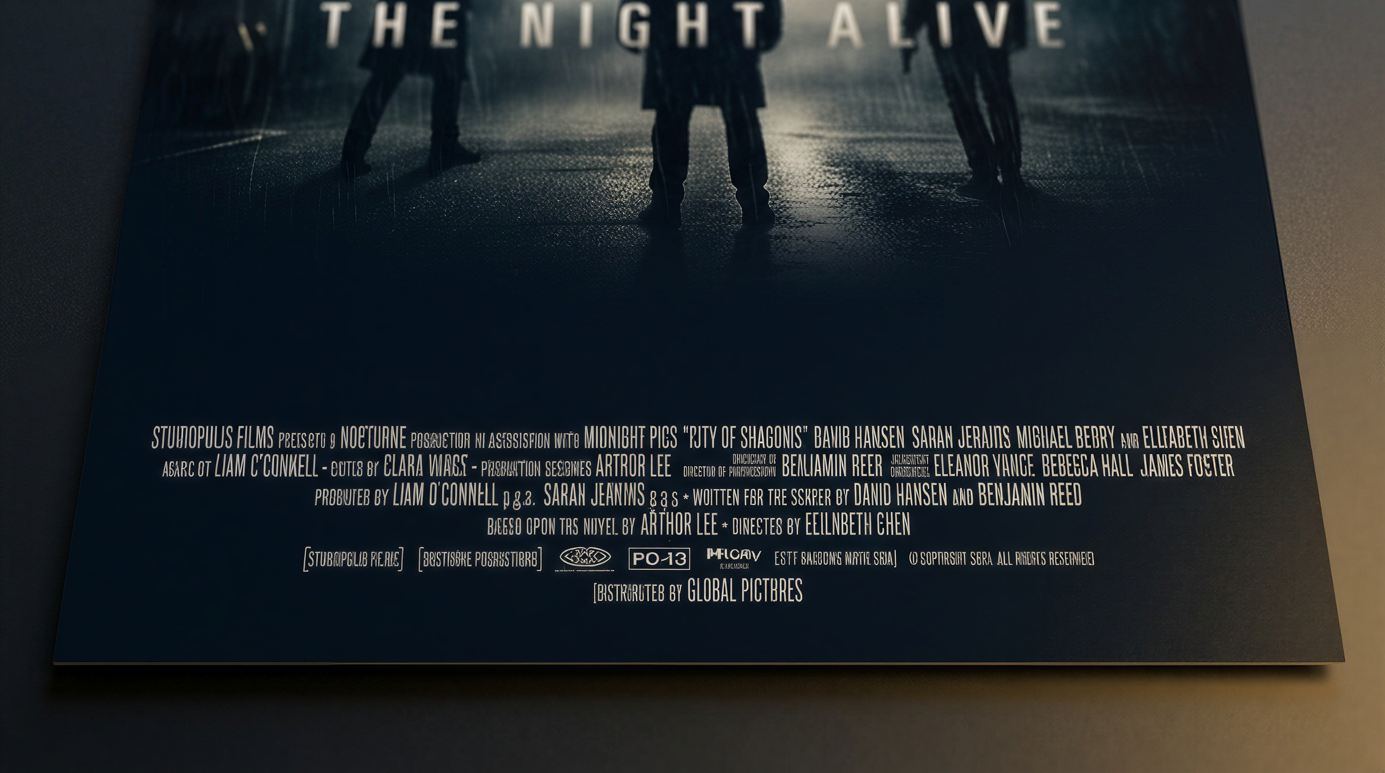 Close-up of a movie poster billing block showing ultra-condensed credit typography