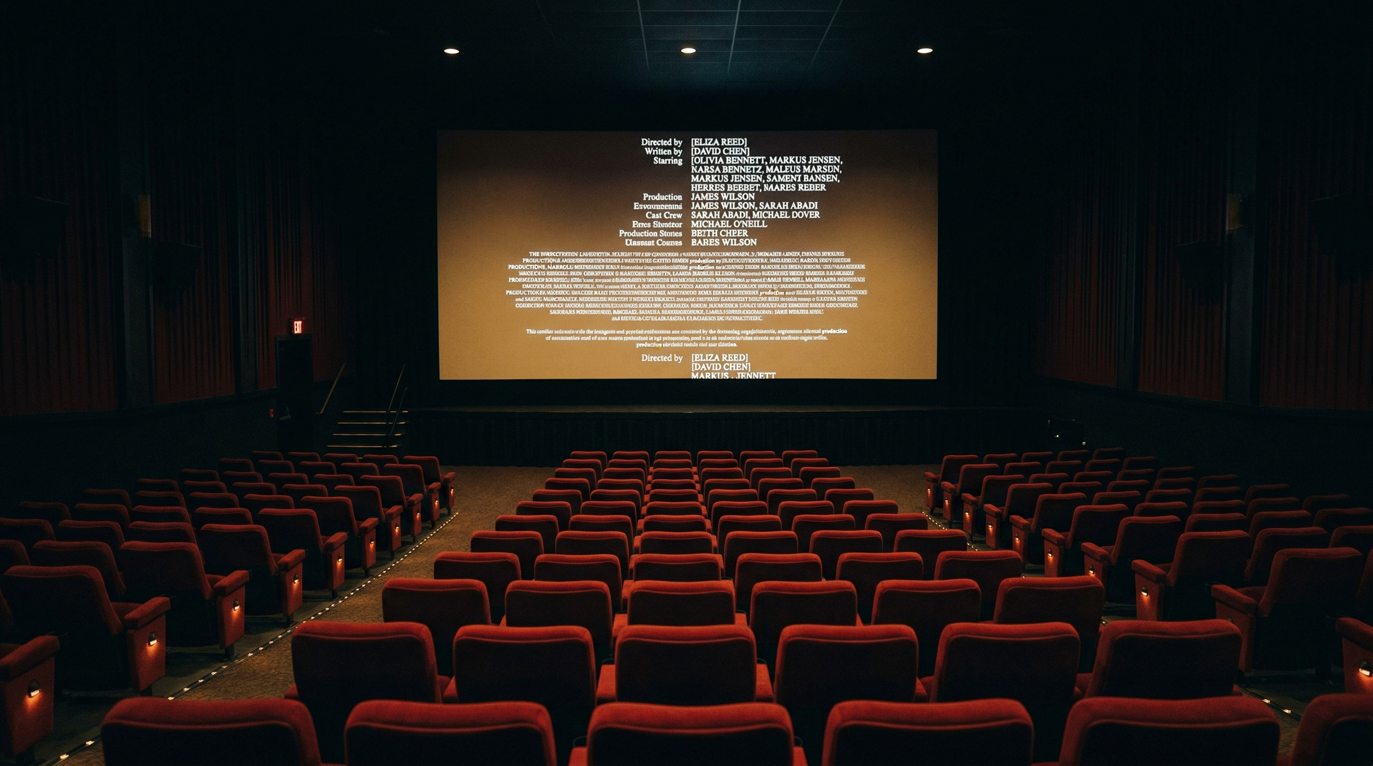 Empty cinema auditorium with end credits scrolling on screen, gold-toned light illuminating red velvet seats