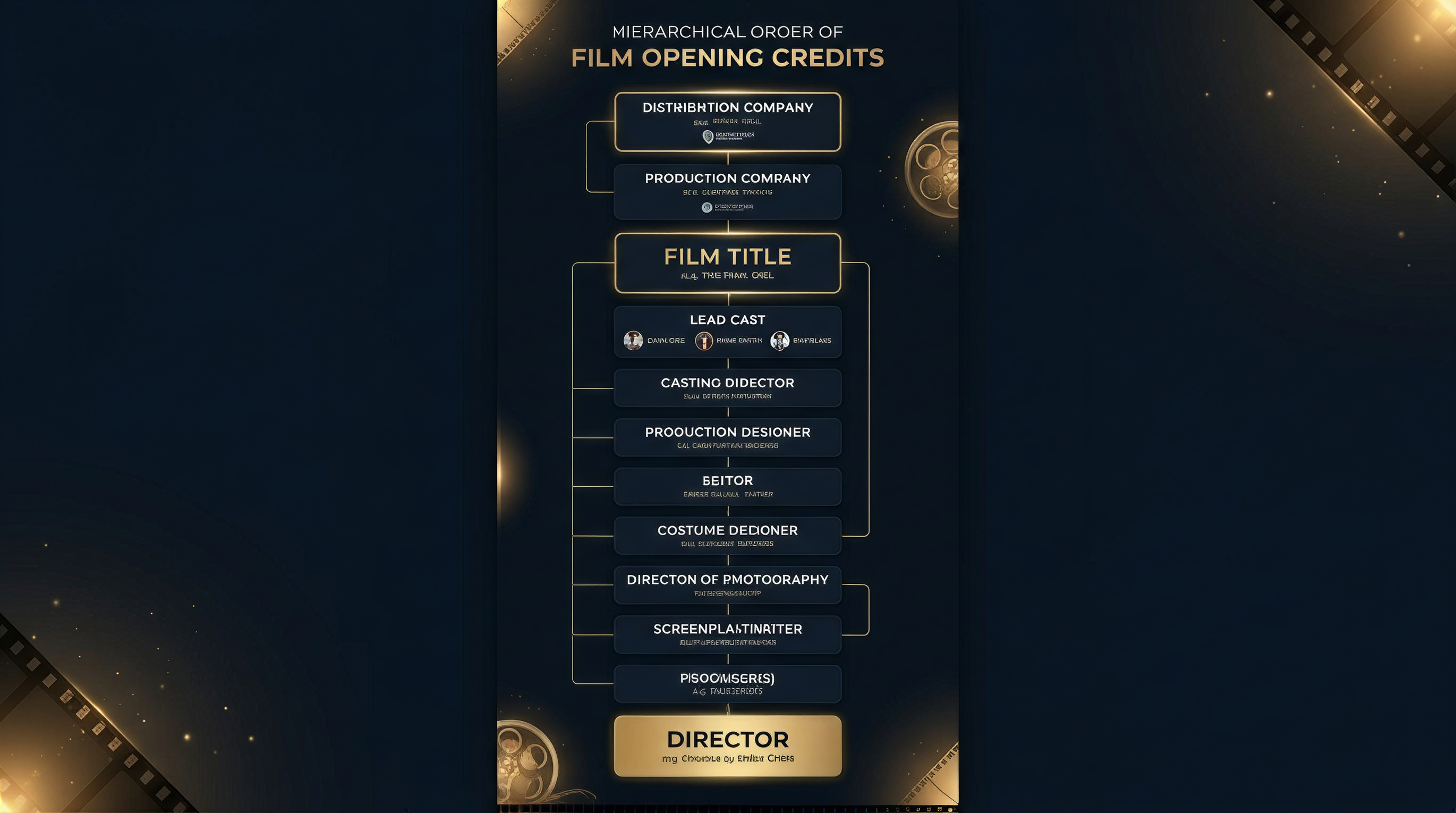 Opening credits hierarchy flowchart from distribution company to director