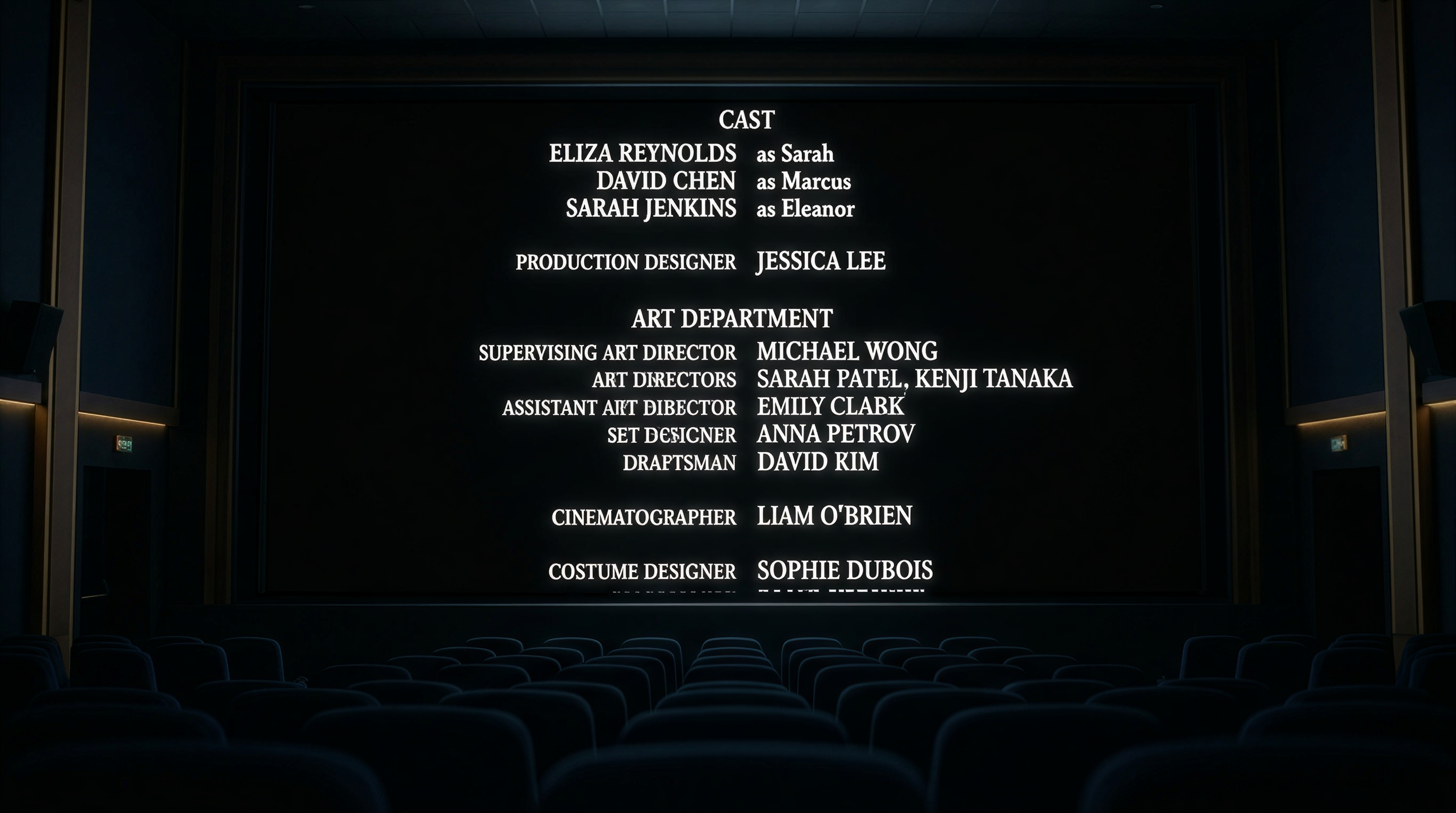 End credits rolling on a cinema screen with cast and department names