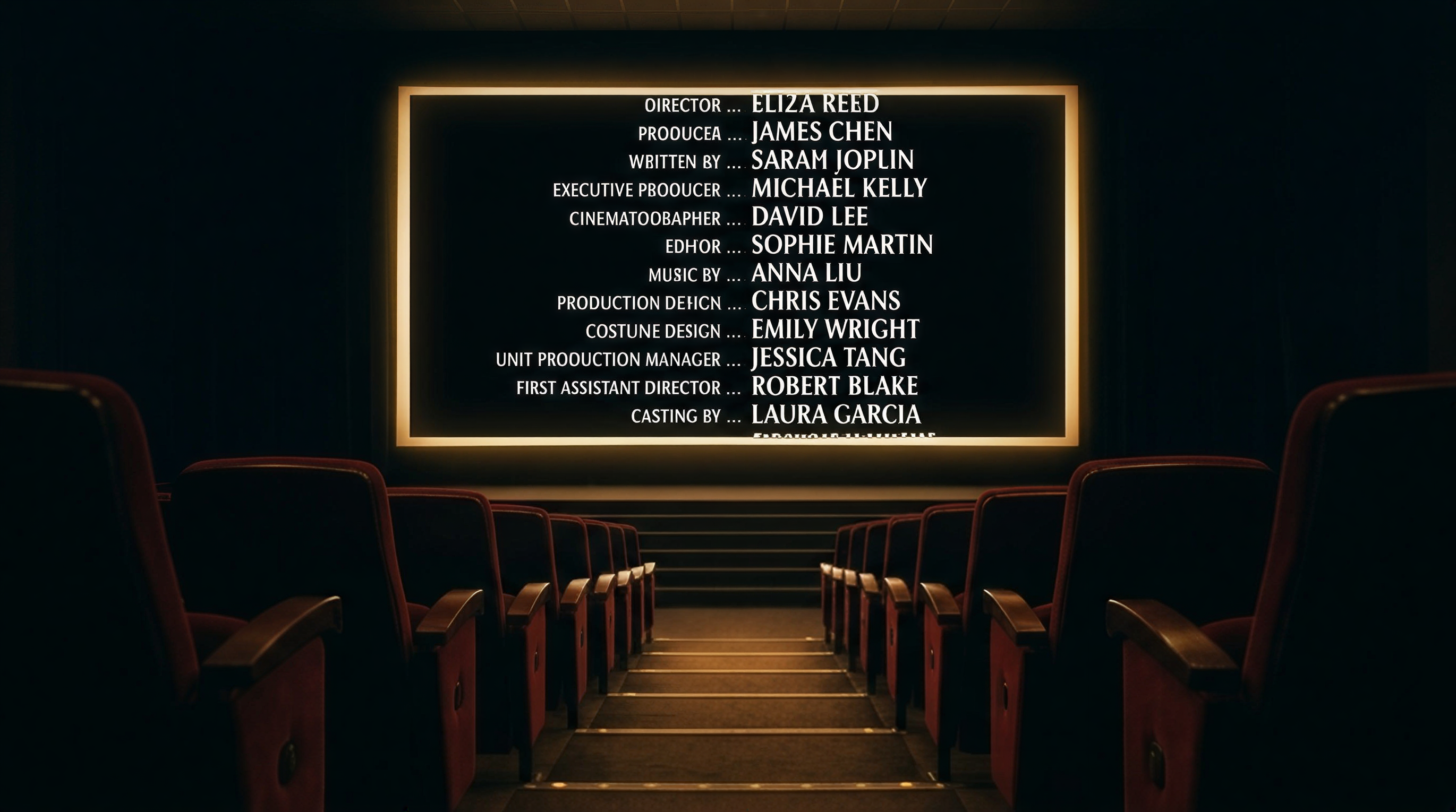 Film end credits displayed on a cinema screen with crew role titles in white text