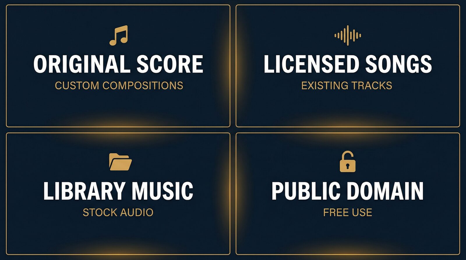 Four types of film music credits: Original Score, Licensed Songs, Library Music, and Public Domain — illustrated as a 2x2 bento grid with gold borders on a dark navy background