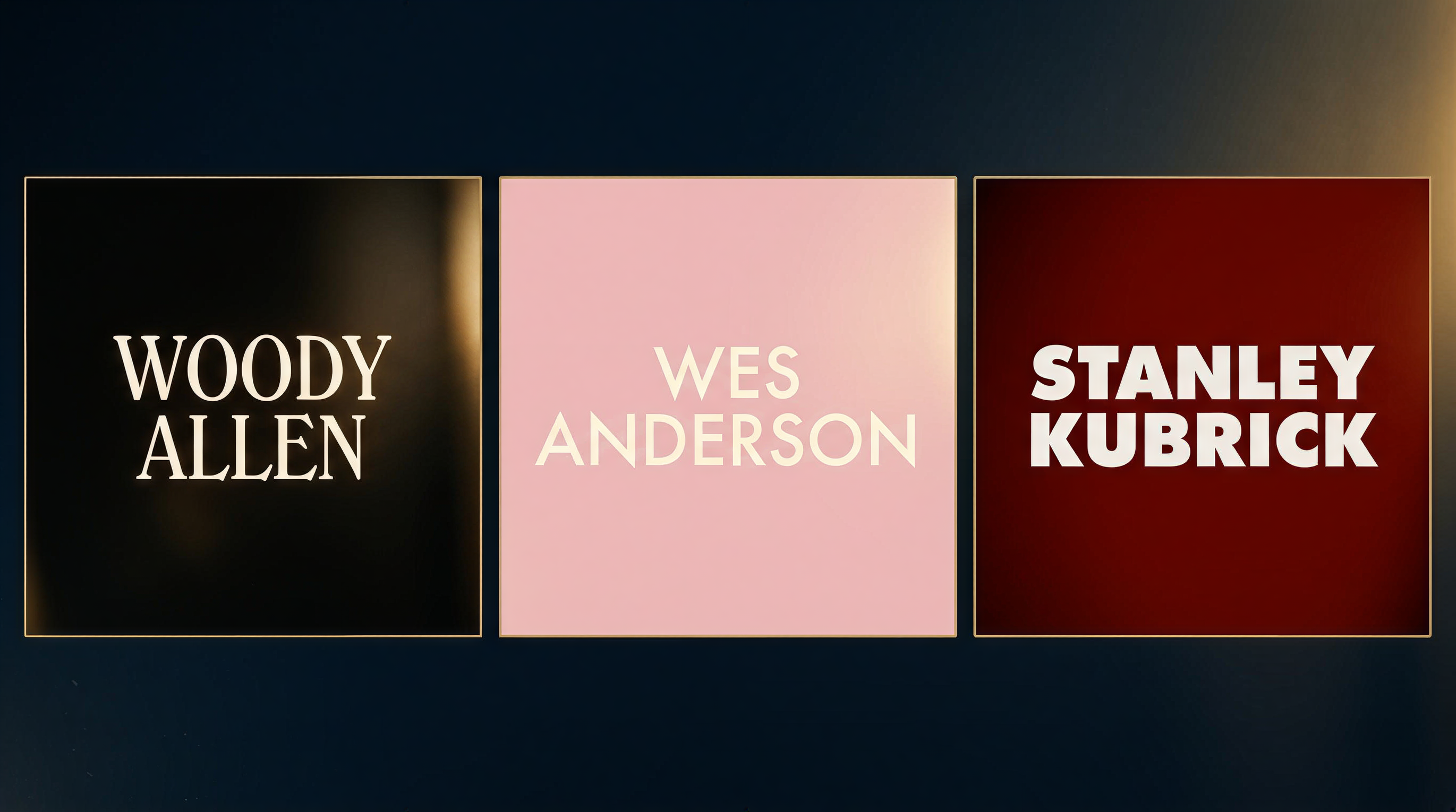 Side-by-side comparison of director font signatures: Woody Allen Windsor, Wes Anderson Futura, Stanley Kubrick Futura Bold