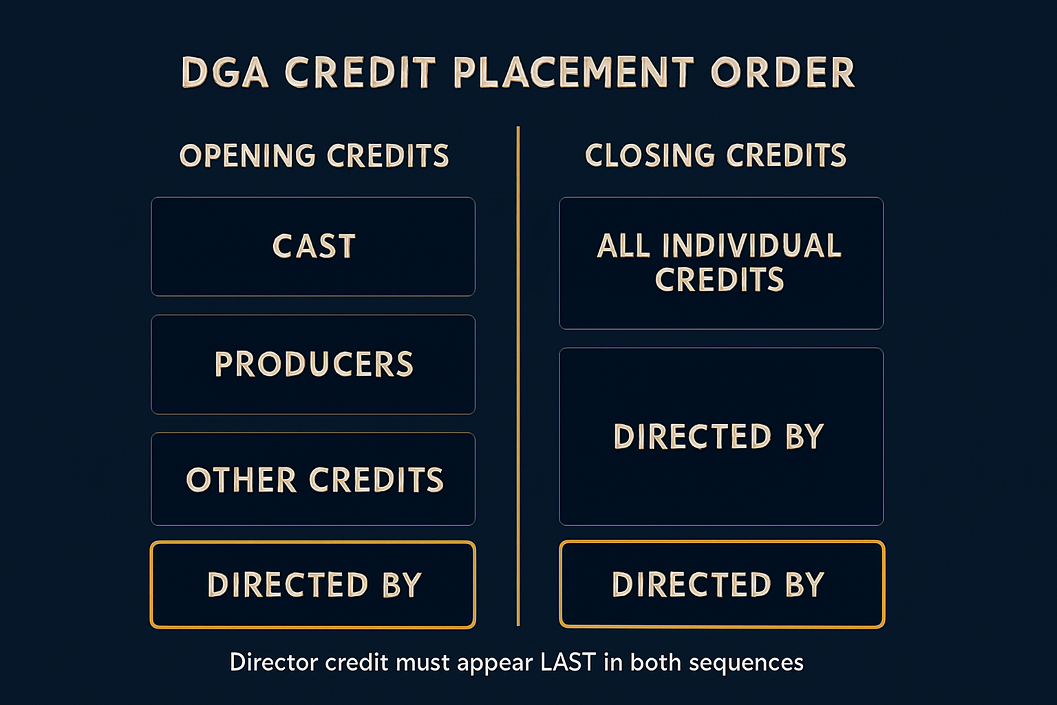 DGA credit placement order diagram showing director credit must appear last in both opening and closing credit sequences