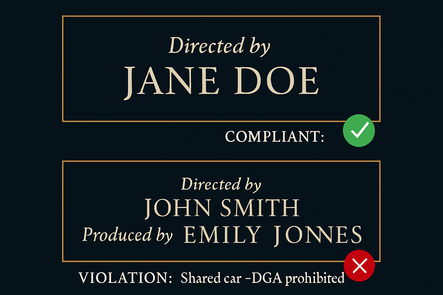 DGA single-card rule: compliant director credit on its own card vs. violation showing director and producer combined on one card
