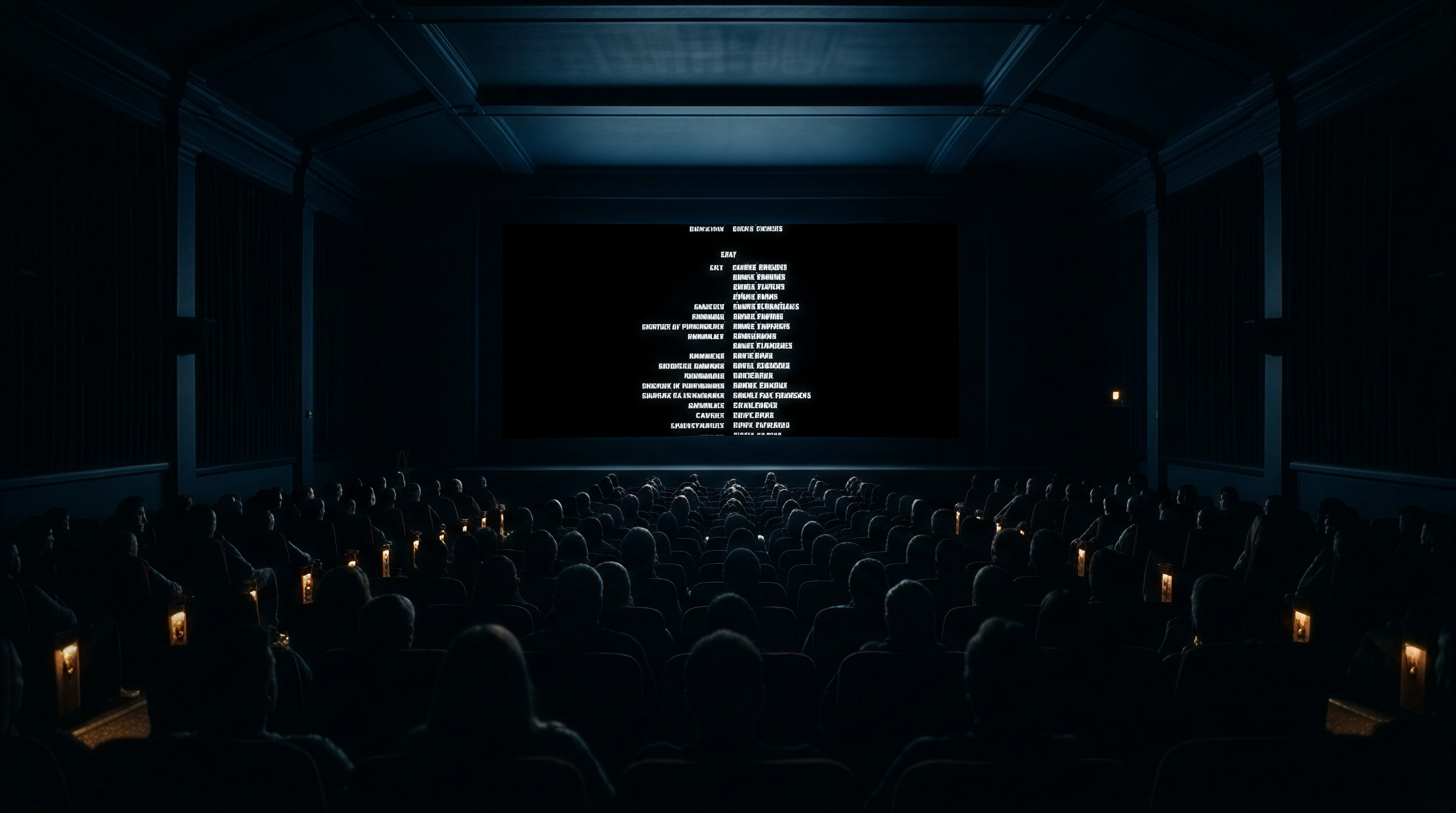 Dark movie theater with end credits scrolling on the screen, audience silhouettes visible in the dim light