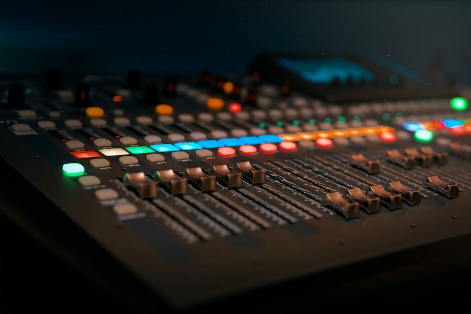 Professional sound mixing console with illuminated faders and buttons in a dark studio