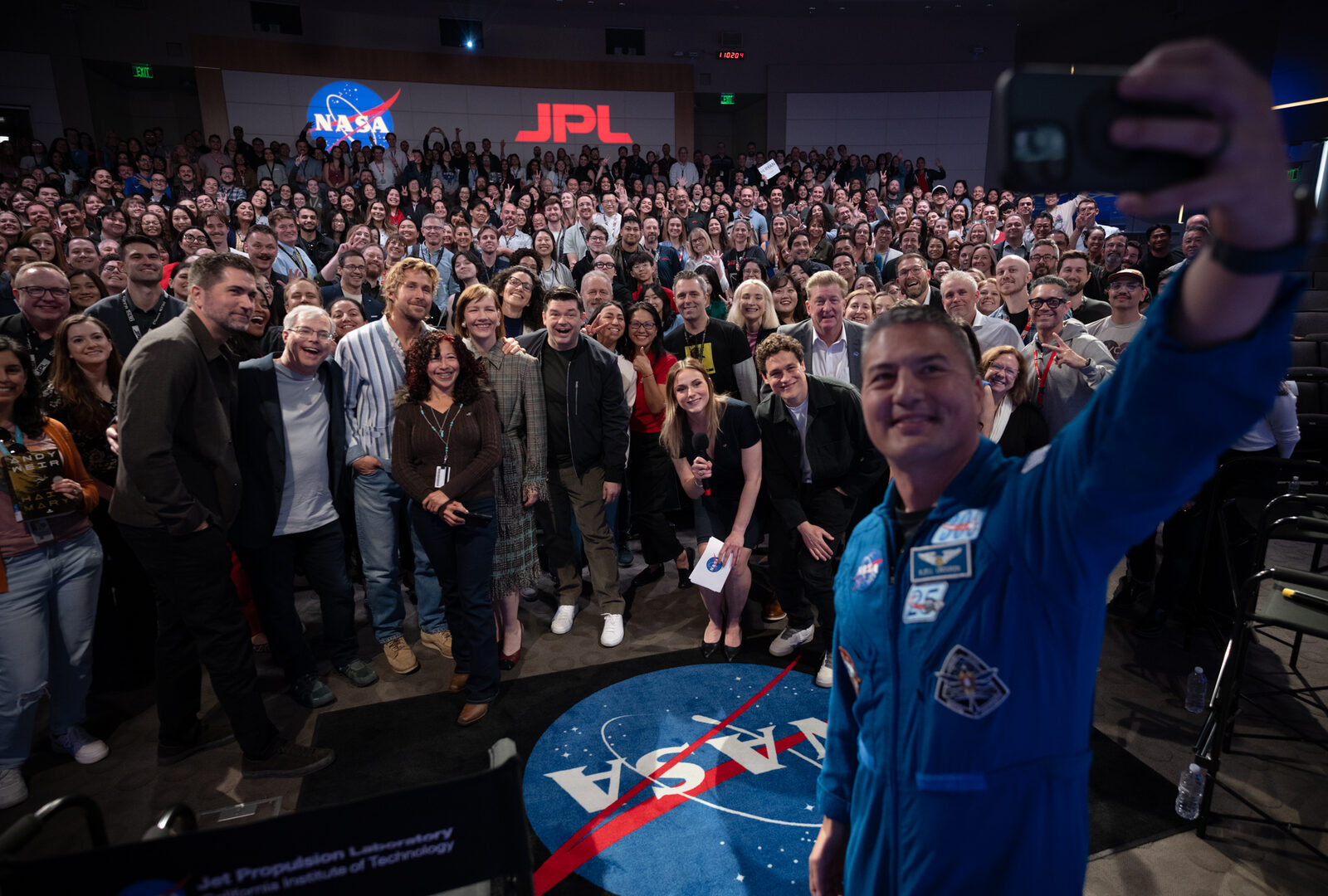 Ryan Gosling, Phil Lord, Christopher Miller, Drew Goddard, and Andy Weir at NASA JPL for a Project Hail Mary event