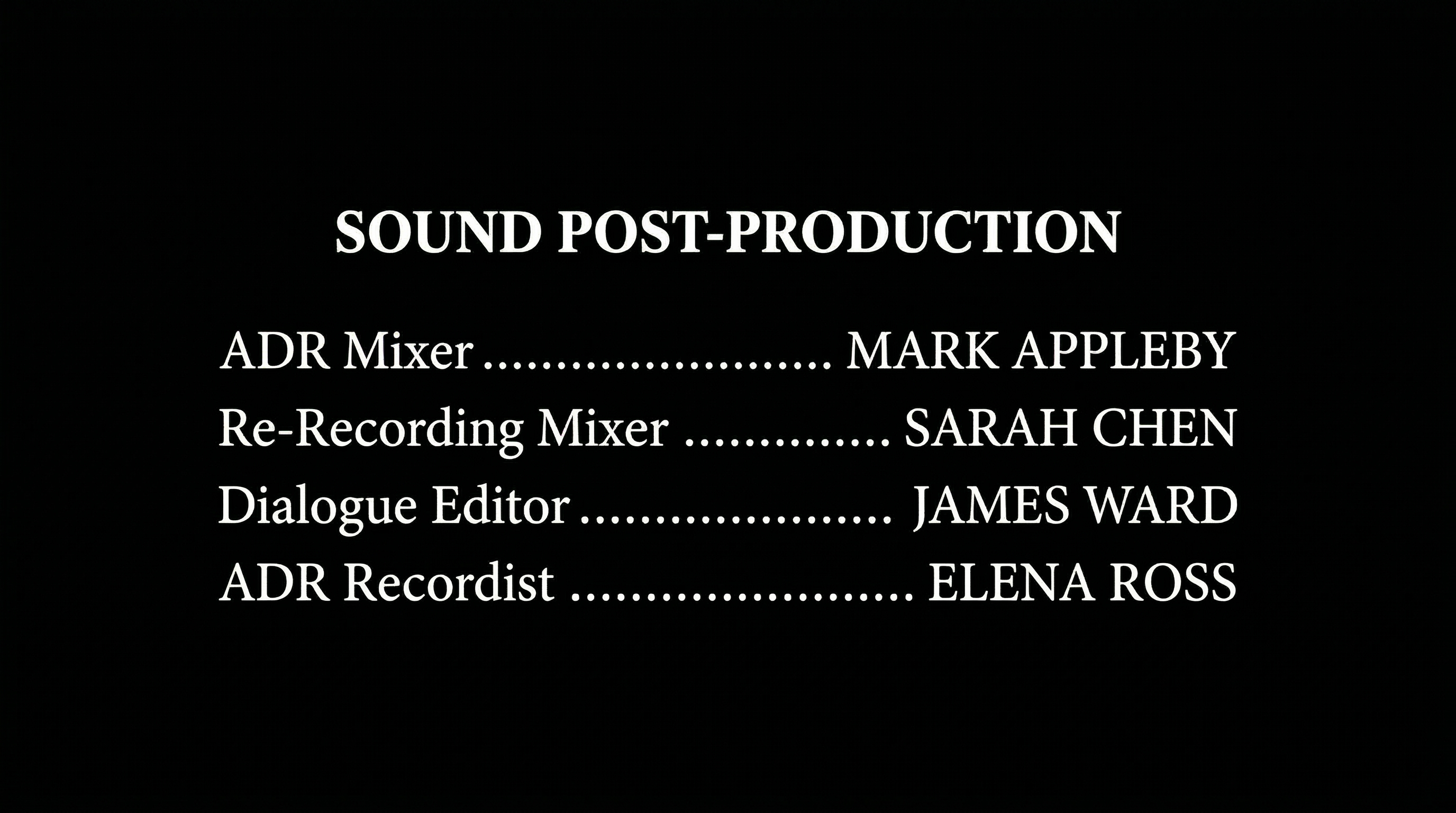 Film end credits block showing Sound Post-Production section with ADR Mixer, Re-Recording Mixer, Dialogue Editor, and ADR Recordist credits on black background