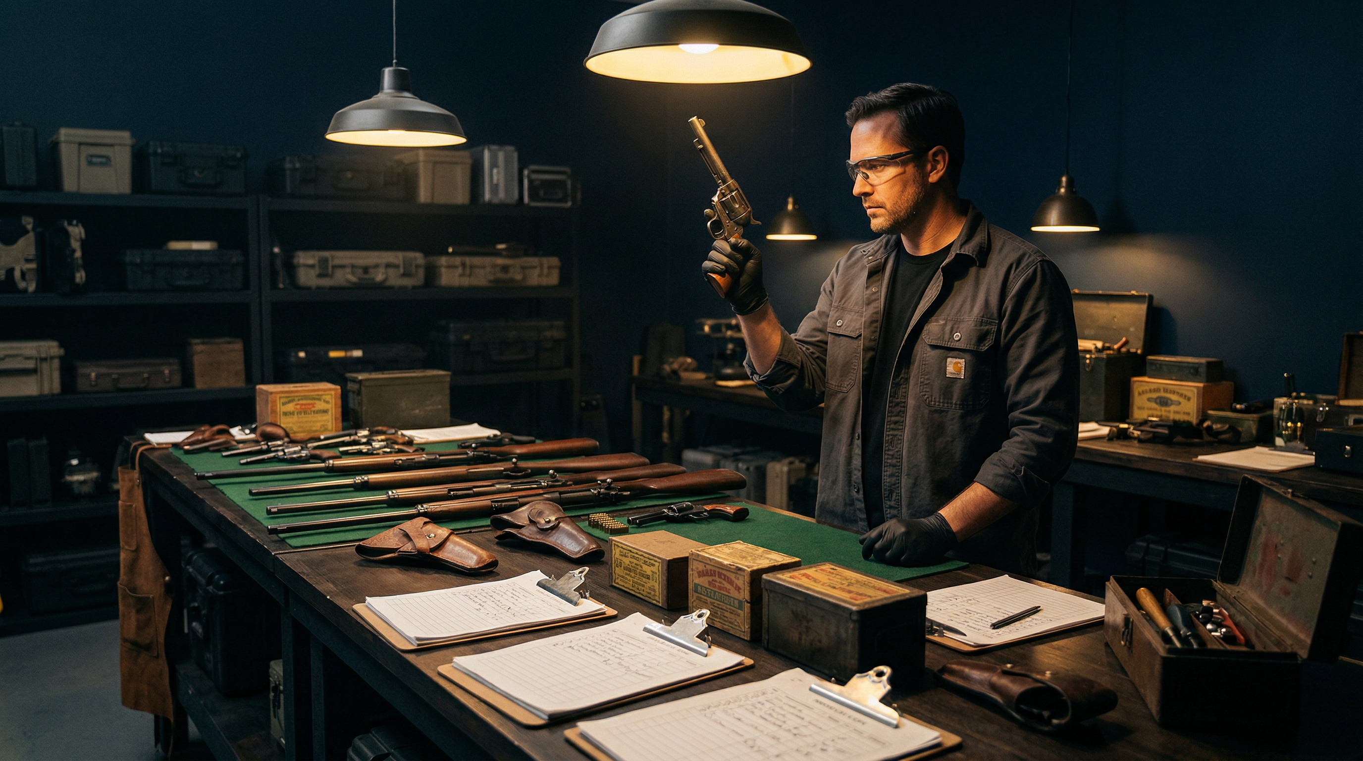 Film armorer wearing nitrile gloves inspecting a pistol under task lighting at a prop preparation table covered in firearms, holsters, and chain-of-custody logs