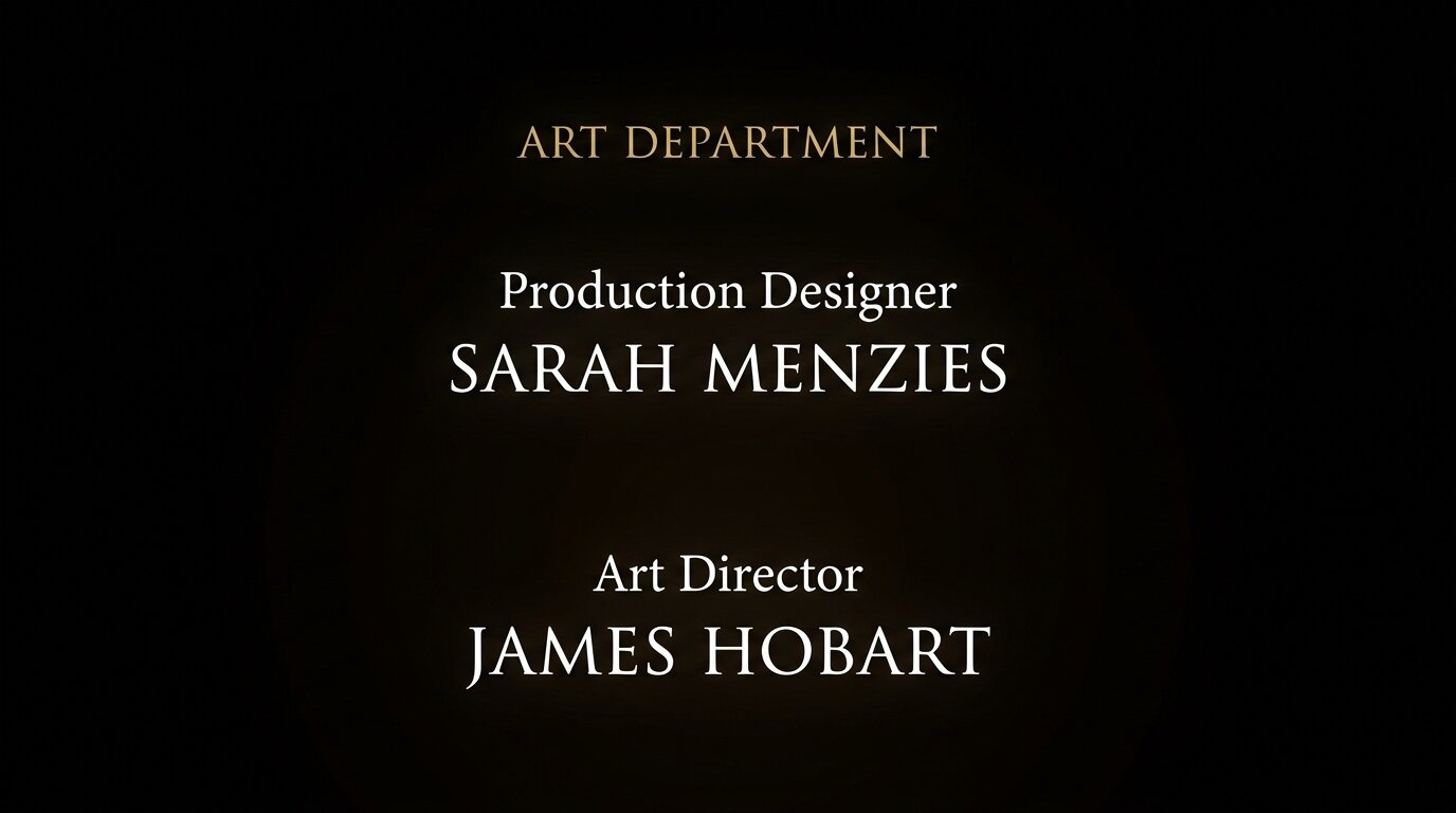 Film end credits showing the Art Department block with Production Designer and Art Director cards on a black background