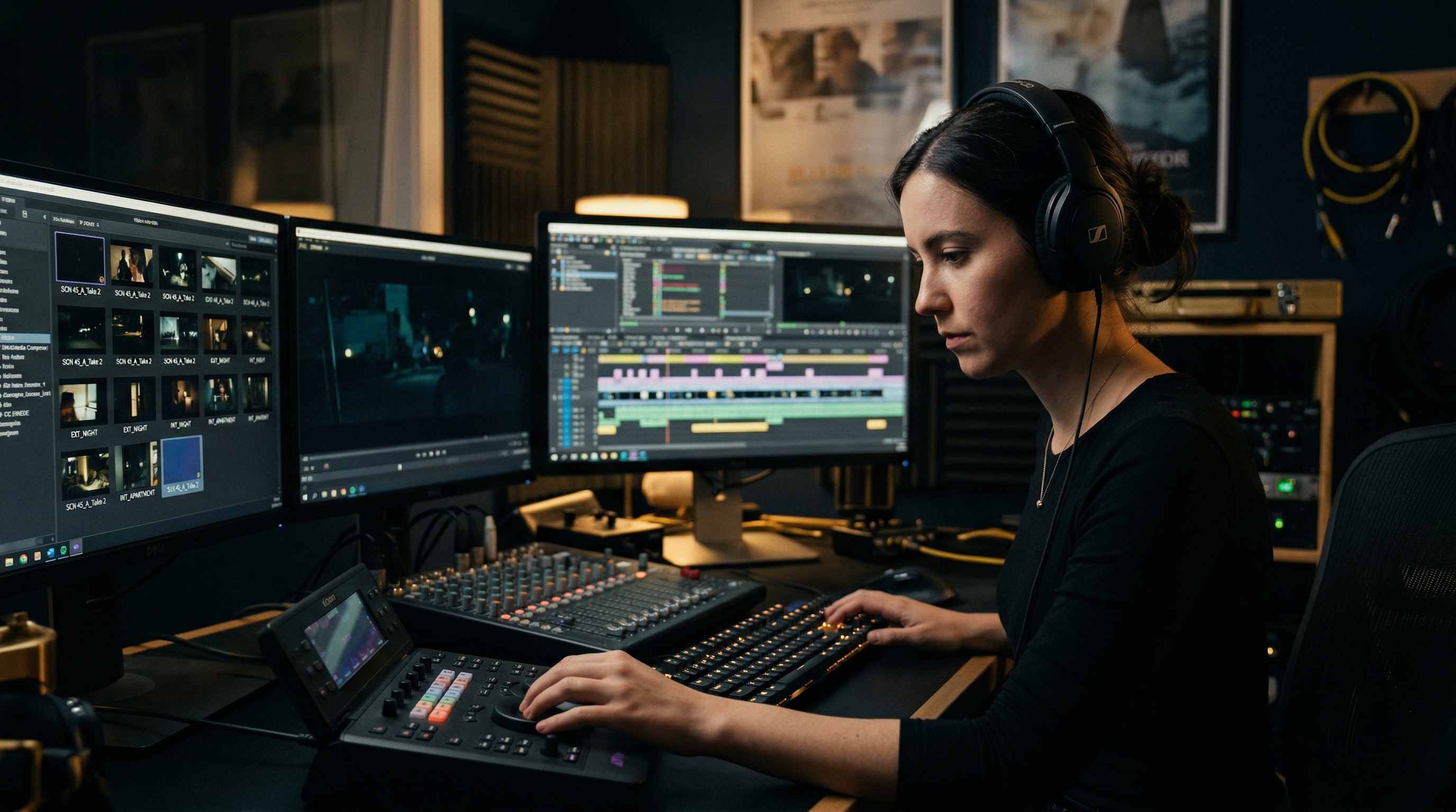 Assistant editor at a multi-monitor Avid workstation in a professional cutting room, reviewing footage bins and timeline in a dimly lit editorial suite
