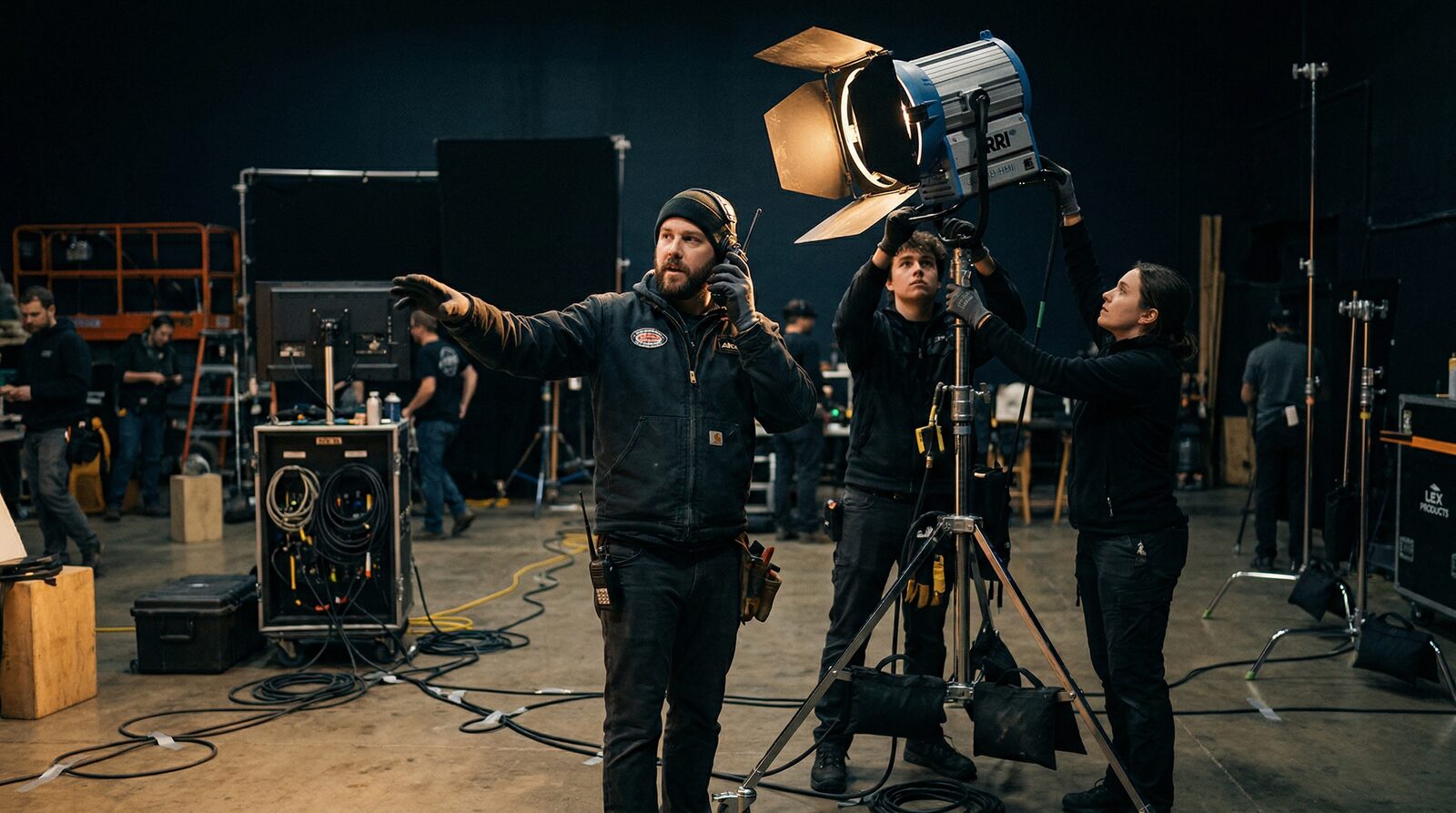Best boy electric directing electricians to position an HMI light on a sound stage, cables running across the floor
