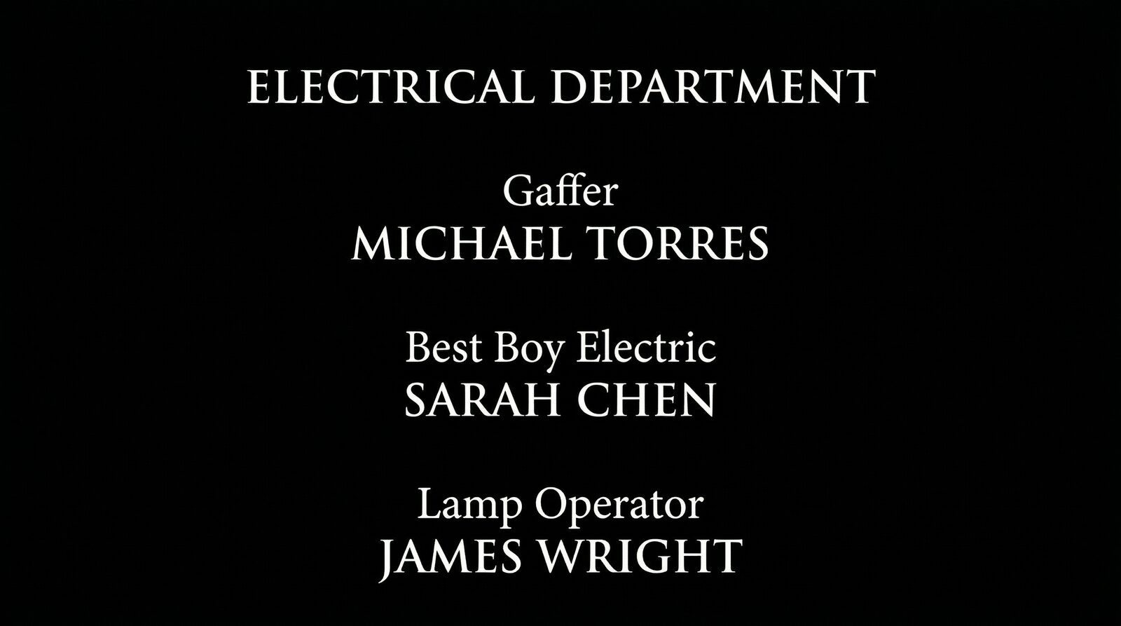 Film end credits scroll showing the Electrical Department block with Gaffer, Best Boy Electric, and Lamp Operator credits in cinematic serif font on black background
