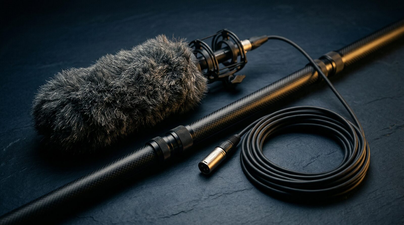 Carbon fiber boom pole with shotgun microphone in zeppelin windshield, dead cat windscreen, shock mount and coiled XLR cable on dark surface