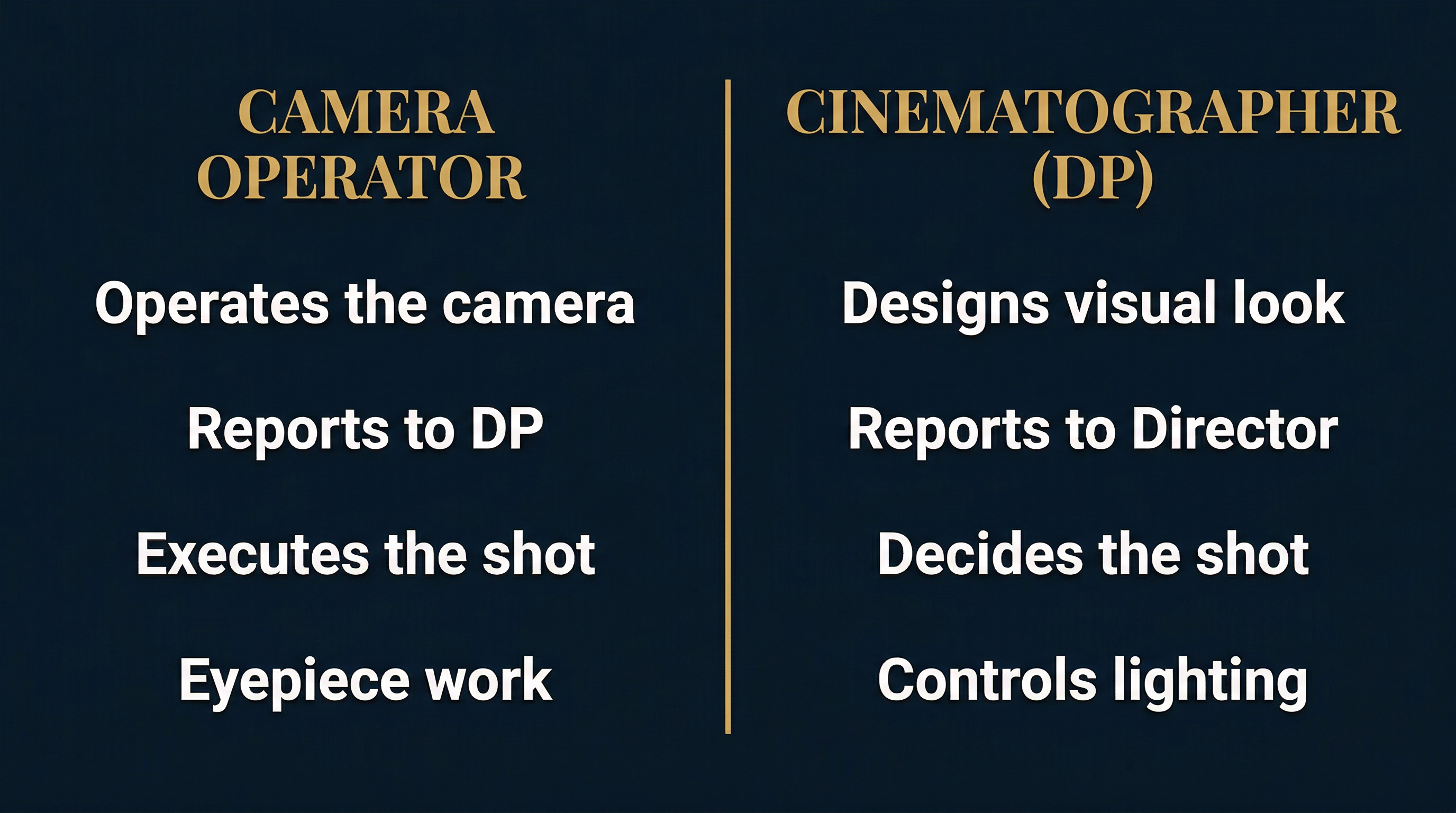 Side-by-side comparison diagram: Camera Operator vs Cinematographer (DP), showing key distinctions in role, reporting structure, and responsibilities