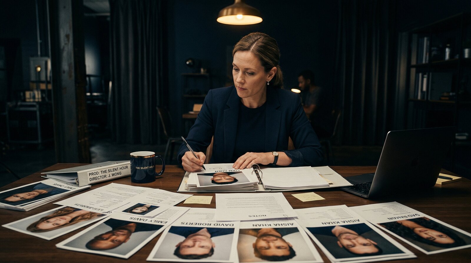 Casting director reviewing actor headshots and résumés spread across a production table in a dark cinematic office