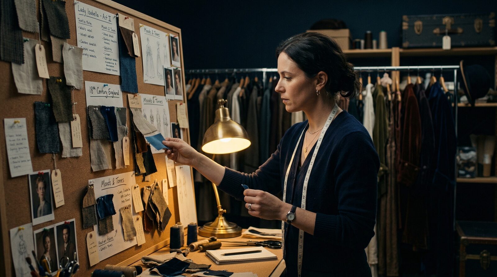 Costume designer studying fabric swatches and character notes pinned to a cork board in a dimly lit film studio, with costume racks behind her