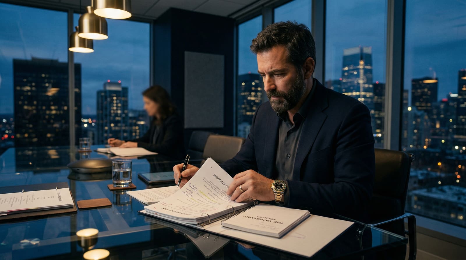 Film executive producer reviewing production documents in a high-rise boardroom at dusk, city skyline visible through floor-to-ceiling windows