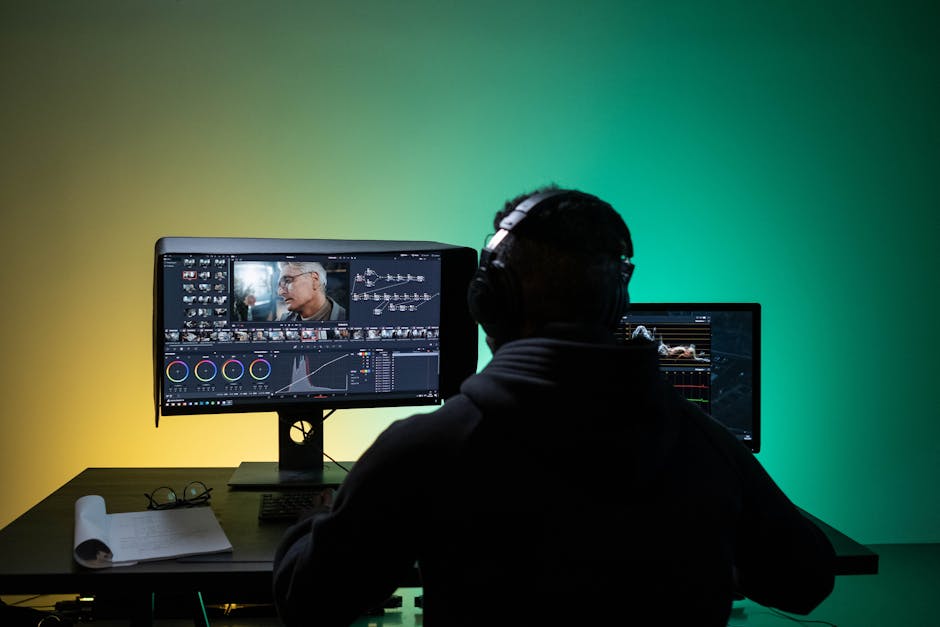 Film editor working at dual monitors with DaVinci Resolve on screen in a darkened editing suite