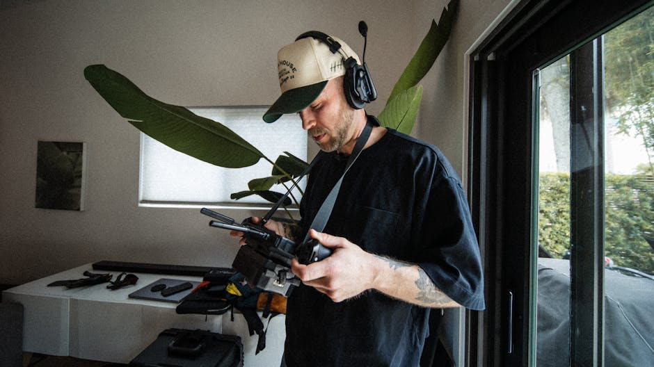 Filmmaker with production headset checking equipment on an indoor film set