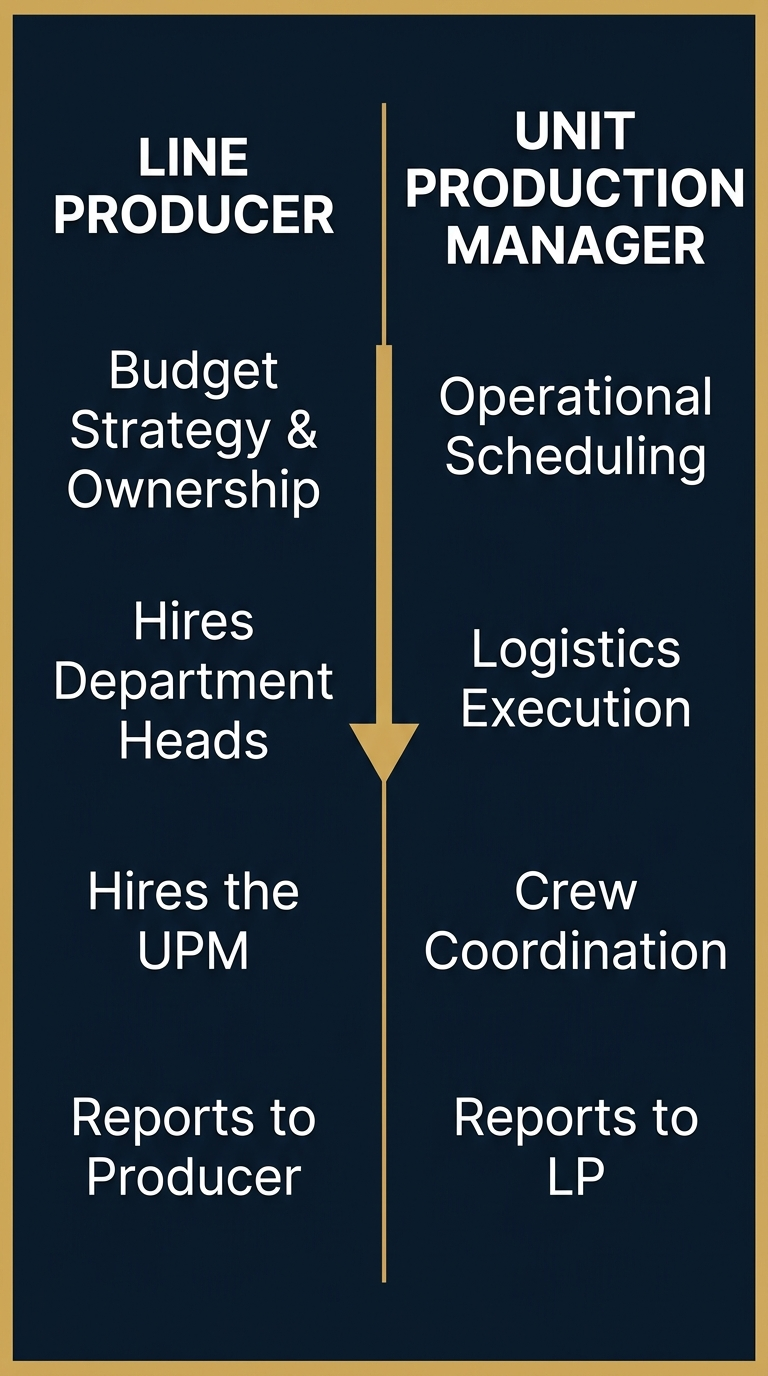 Comparison diagram showing Line Producer vs Unit Production Manager responsibilities and reporting structure