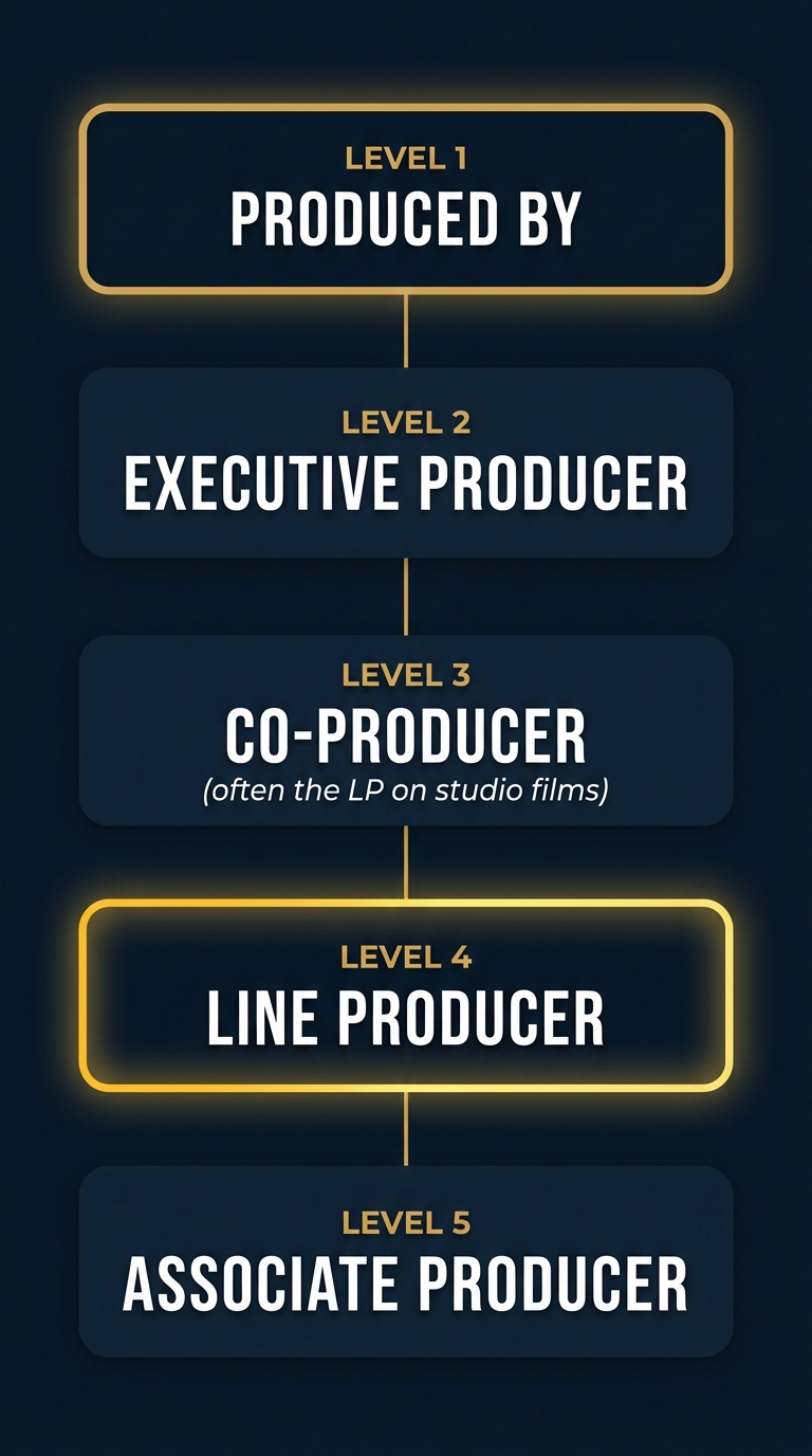 Producer credit hierarchy diagram showing five levels from Produced By at top to Associate Producer at bottom, with Line Producer highlighted
