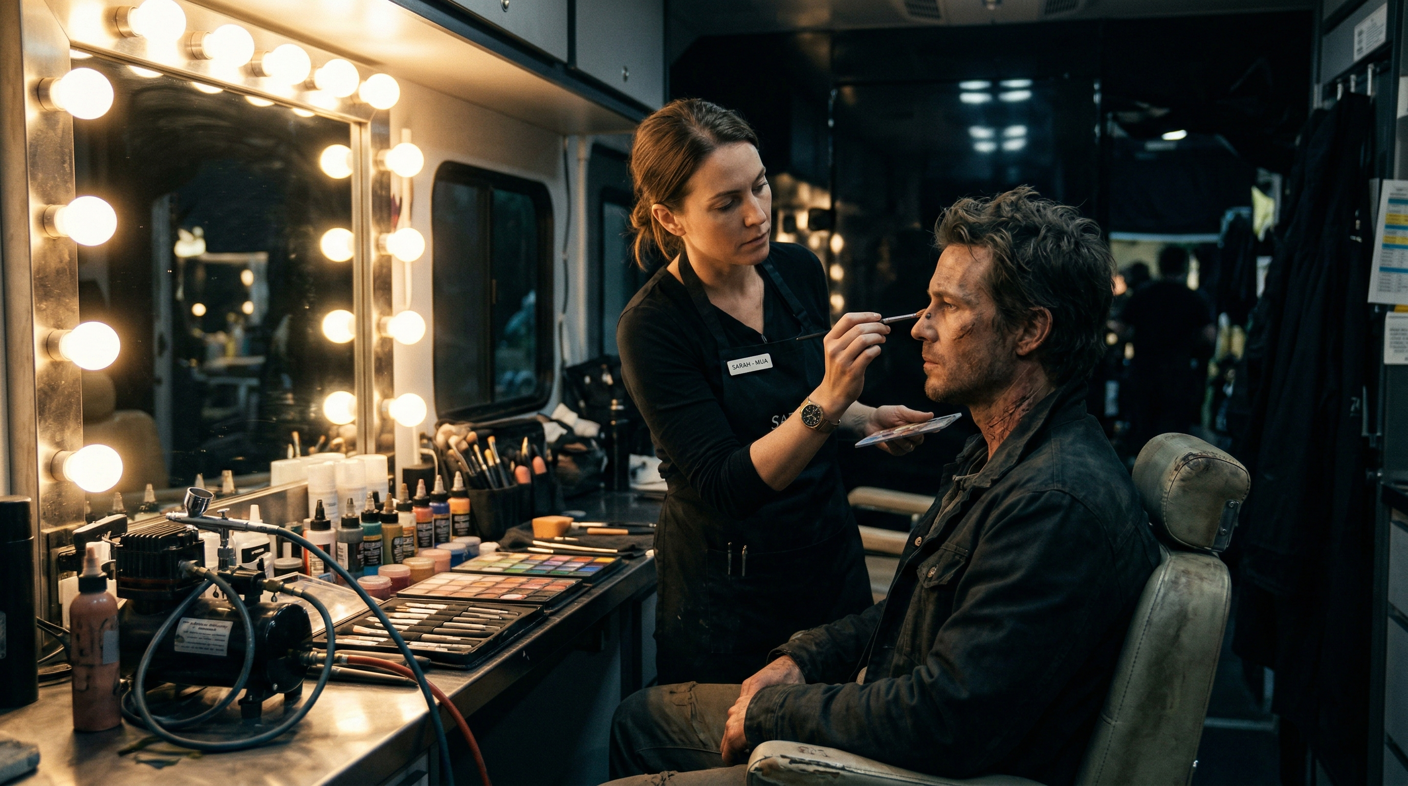 Film makeup artist applying detailed character makeup to an actor in a professional makeup trailer with vanity mirror lights