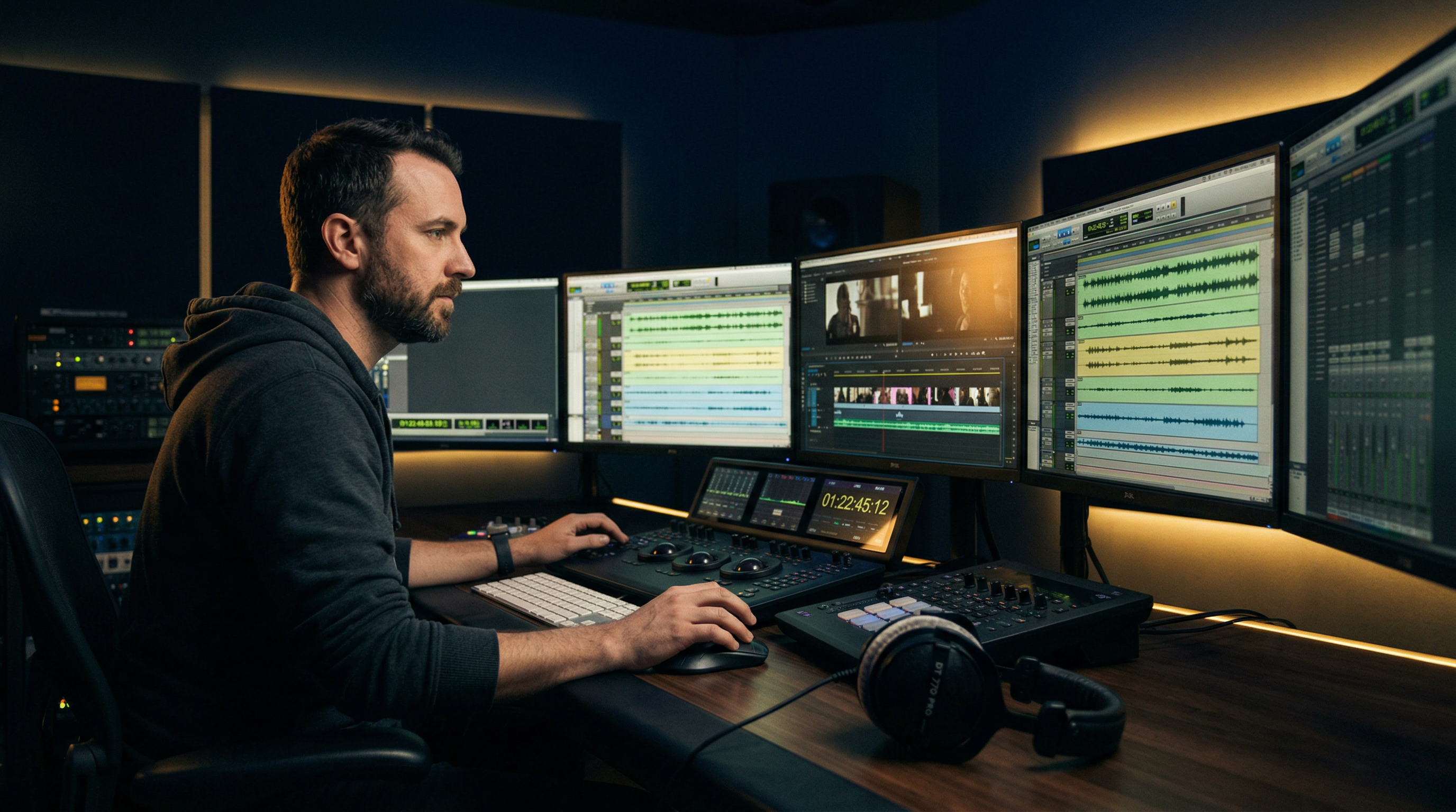 Music editor working at a Pro Tools workstation with multiple monitors showing audio waveforms and film timeline in a dark post-production suite