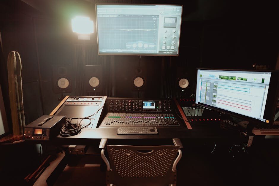 Dark professional recording studio with mixing console and DAW monitors, the music editor's workspace during final mix sessions