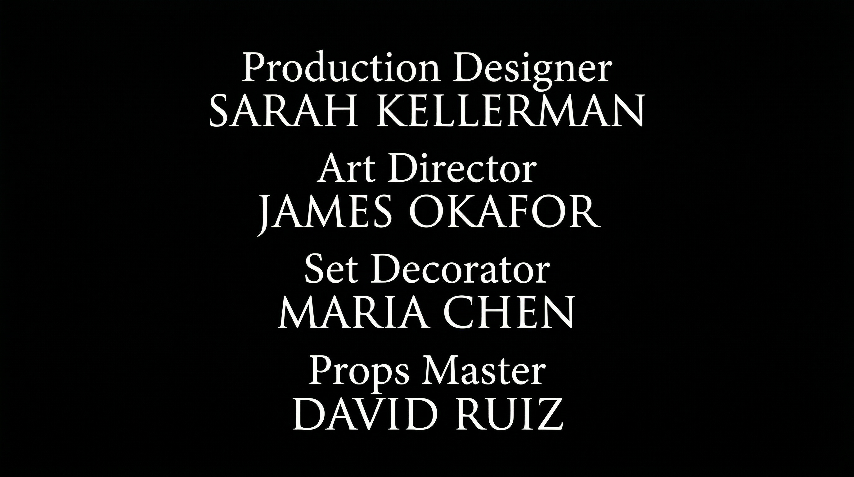 Film end credits scroll showing Production Designer, Art Director, Set Decorator, and Props Master credits in cinematic serif typography on black