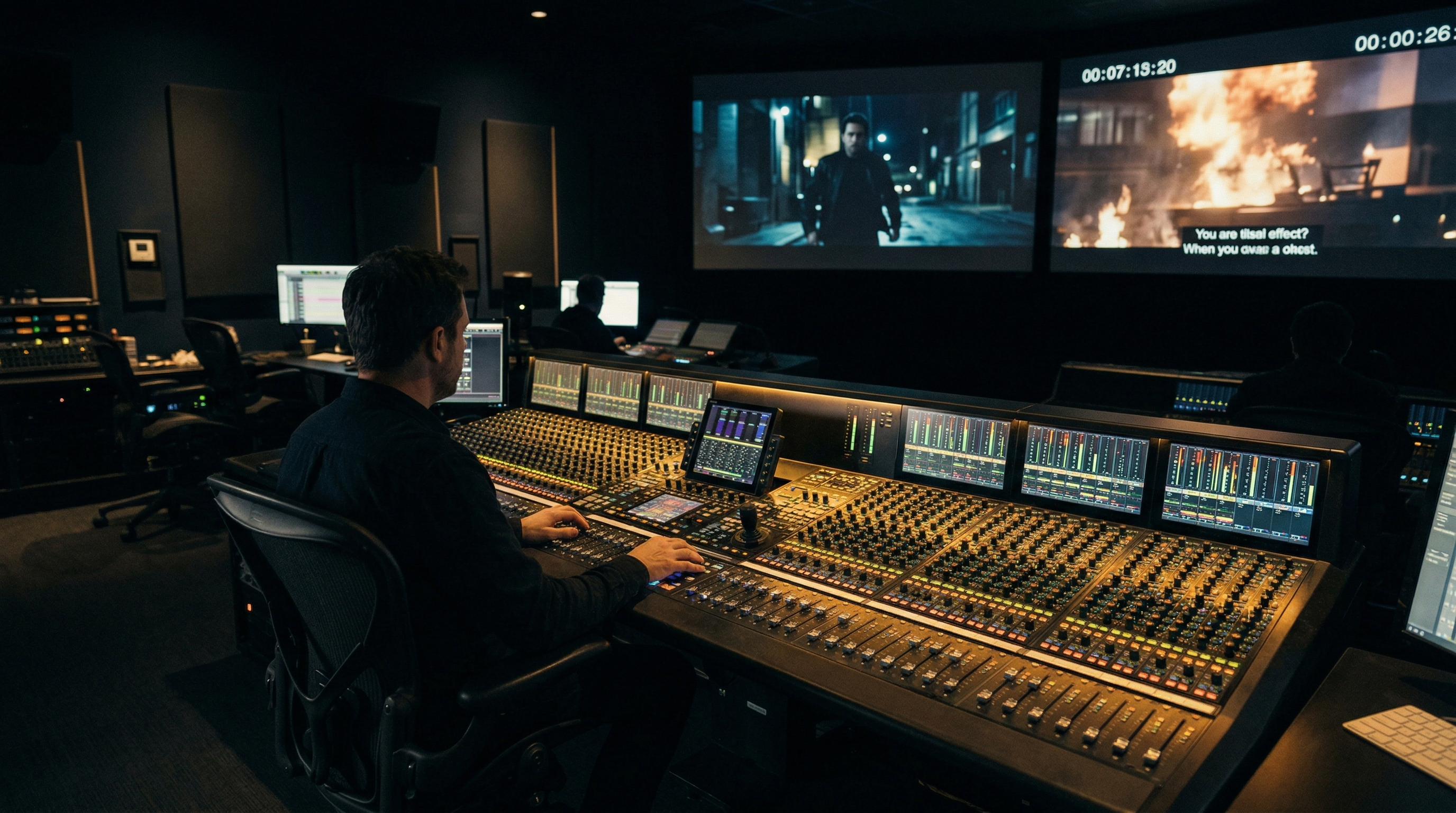 Re-recording mixer working at a large-format Avid mixing console with a film playing on the dubbing stage projection screen