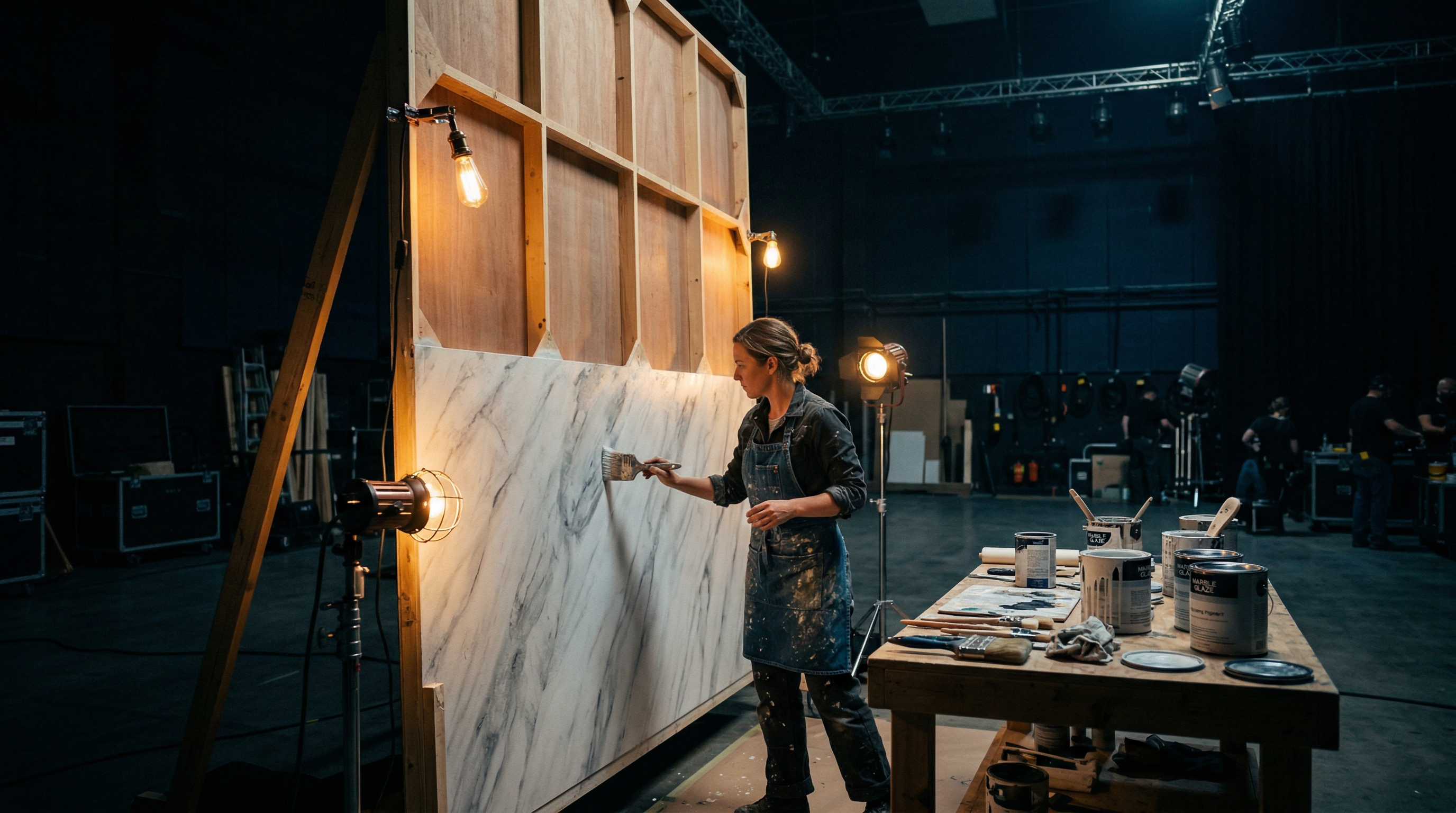 Scenic artist painting a faux marble finish on a large flat on a film stage, with warm practical lighting and tools on a work table