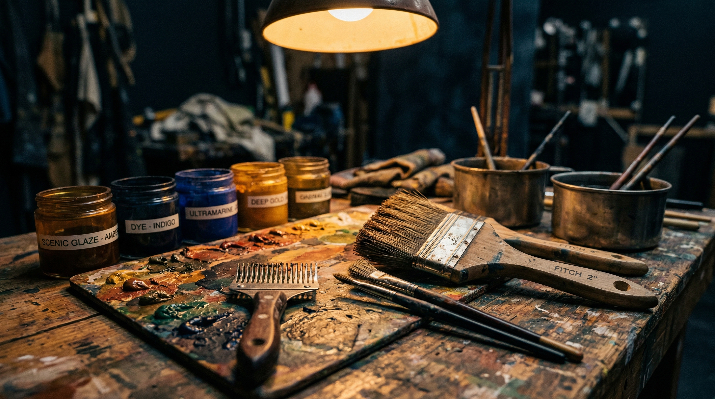 Scenic artist's work table with fitch brushes, dragging tools, and jars of scenic glazes and dyes under warm amber lamp