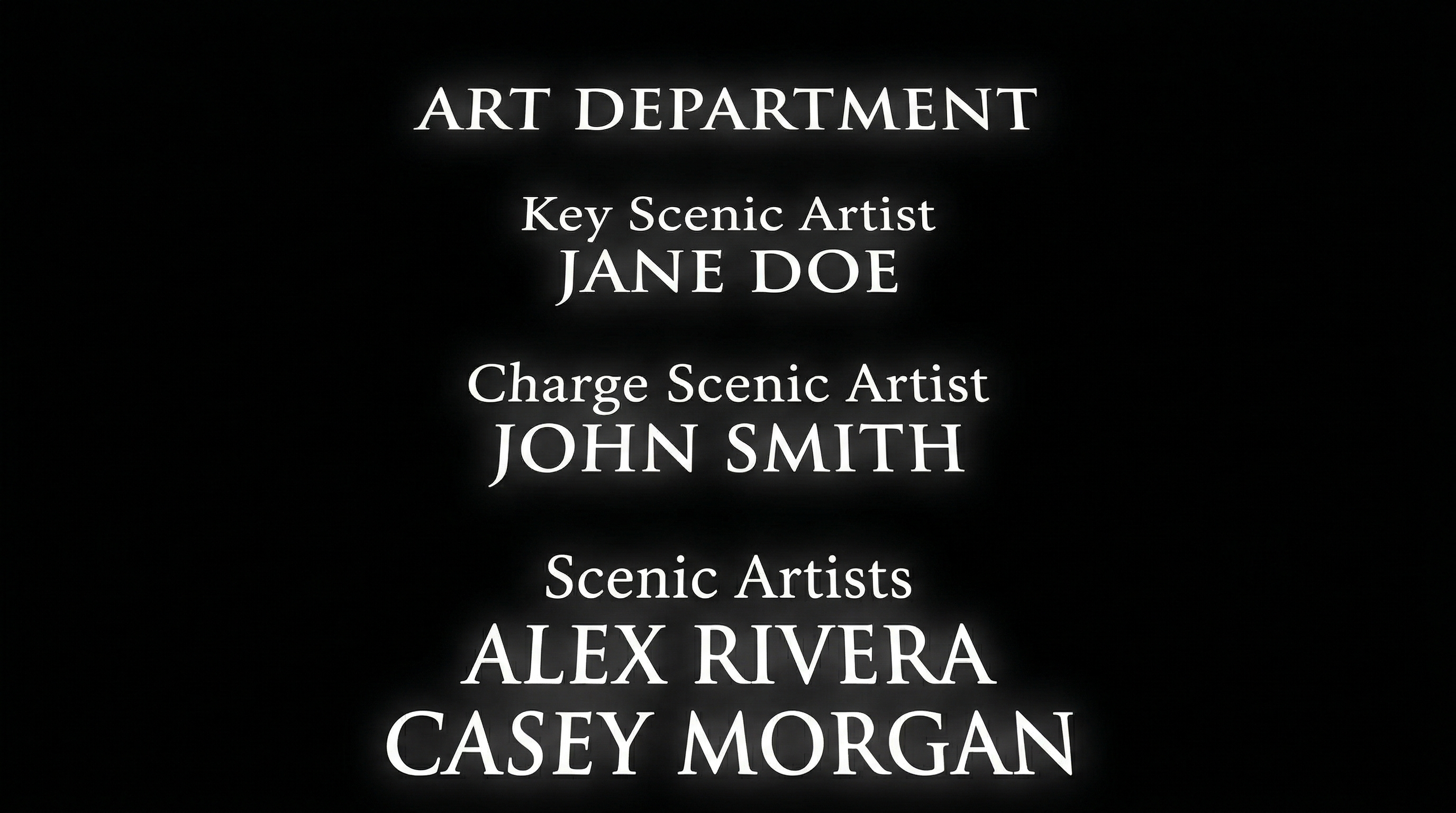 Film end credits scroll showing Art Department block with Key Scenic Artist, Charge Scenic Artist, and Scenic Artists credits in white serif text on black background