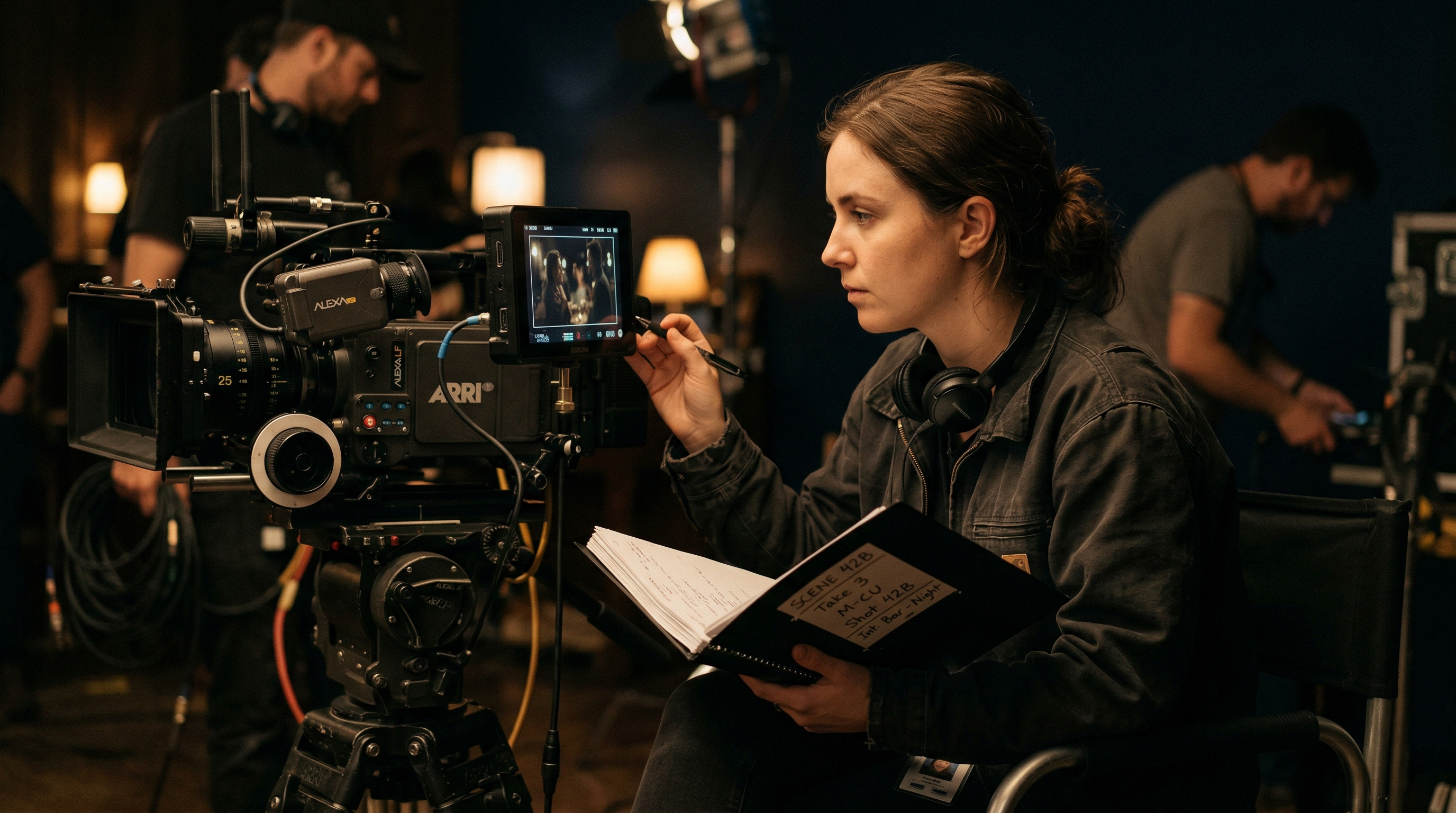 Script supervisor on set beside an ARRI camera, holding a script binder with notes while watching the director's monitor