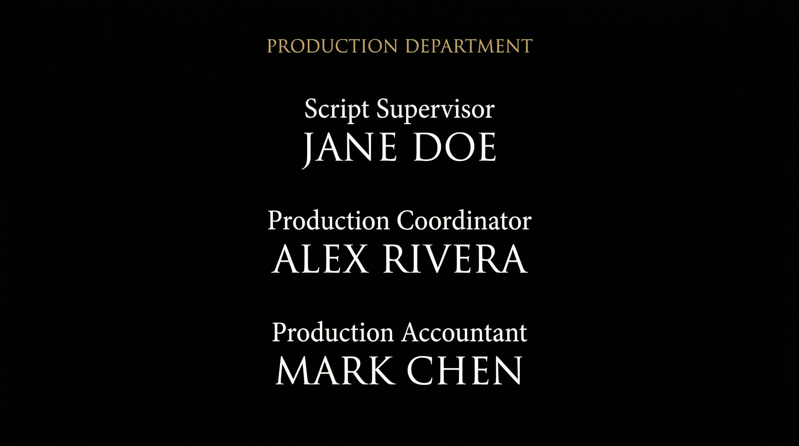 Film end credits scroll showing 'PRODUCTION DEPARTMENT' section with Script Supervisor credit listing on black background