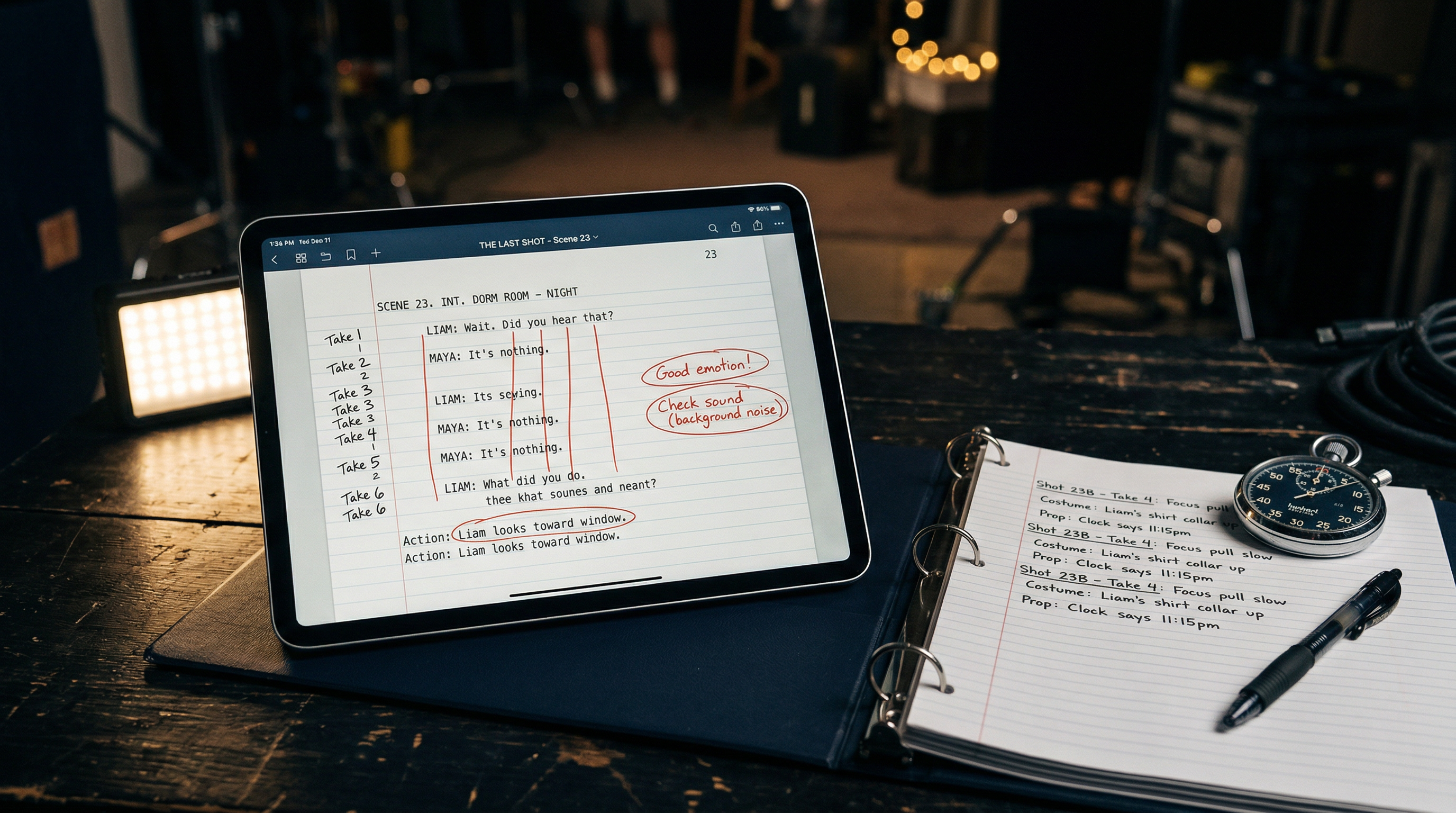 iPad displaying a lined script in the ScriptE app on a dark film set surface, next to a continuity notebook and stopwatch