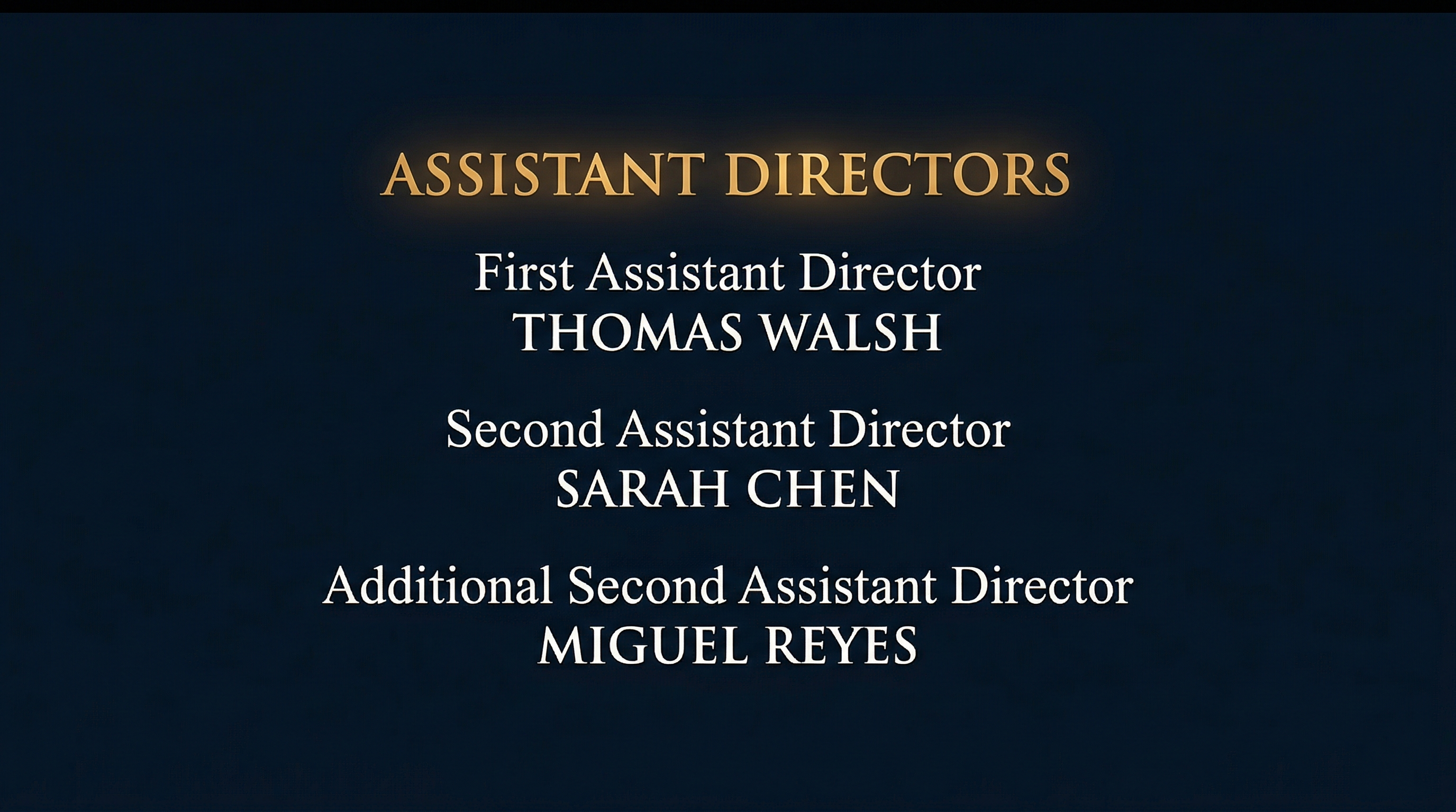 Film end credits showing ASSISTANT DIRECTORS department block with First, Second, and Additional Second Assistant Director credits in gold and white serif text