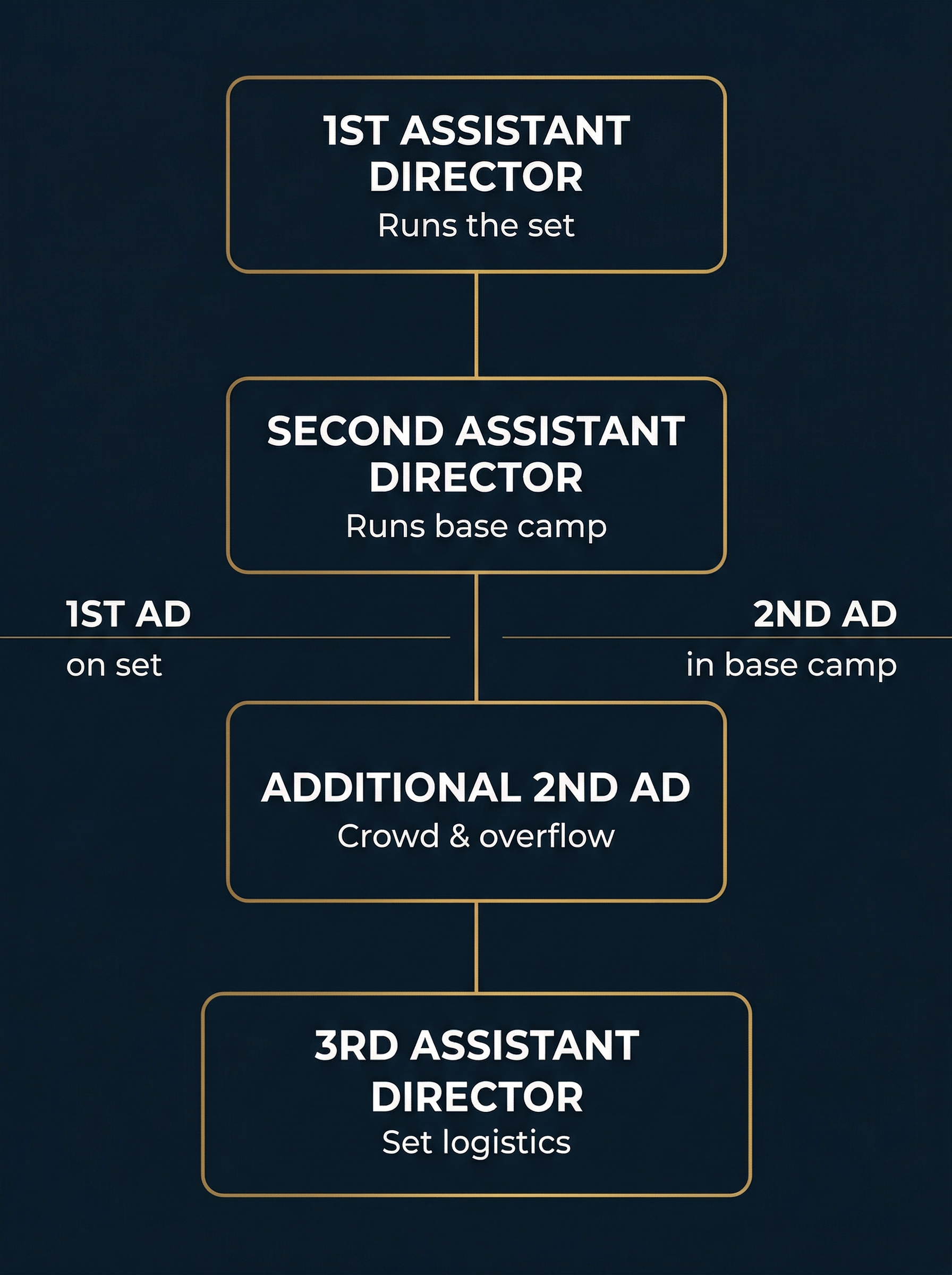 Hierarchy diagram showing the assistant director chain: 1st AD runs the set, Second AD runs base camp, Additional 2nd AD handles crowd and overflow, 3rd AD manages set logistics