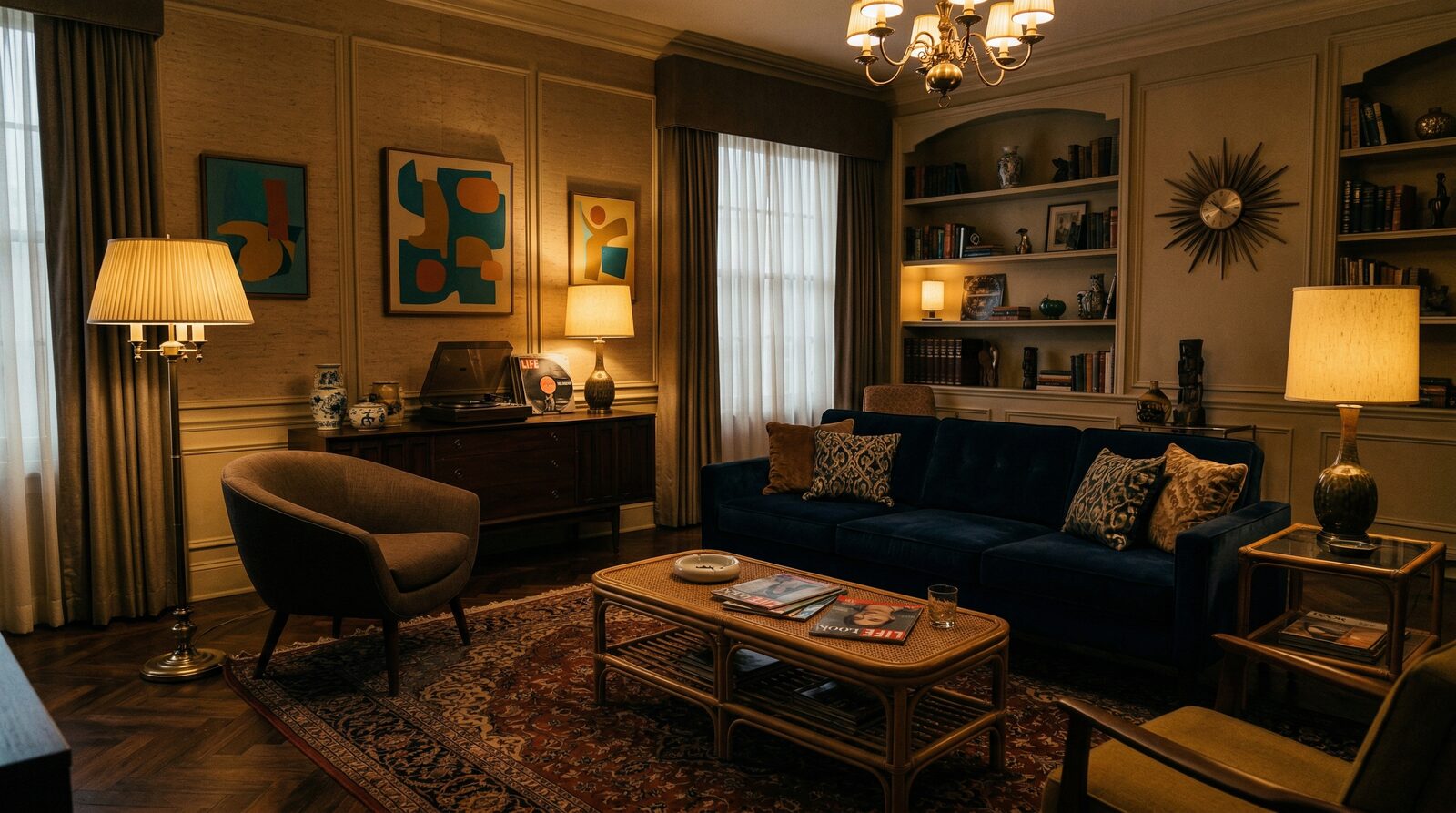 A richly dressed 1960s-era film set interior with period-accurate mid-century furniture, artwork, vintage lamps, and drapery under warm atmospheric lighting