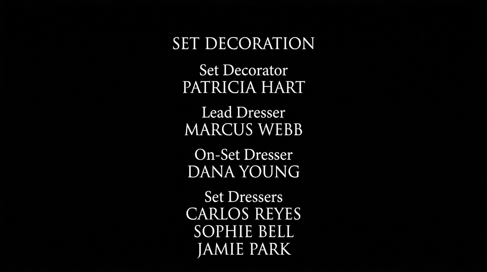 Film end credits scroll showing the SET DECORATION block with Set Decorator, Lead Dresser, On-Set Dresser, and Set Dressers listed in standard industry format