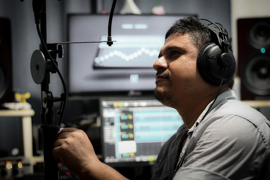 Sound engineer wearing headphones in a dark recording studio, audio waveforms visible on monitors behind him