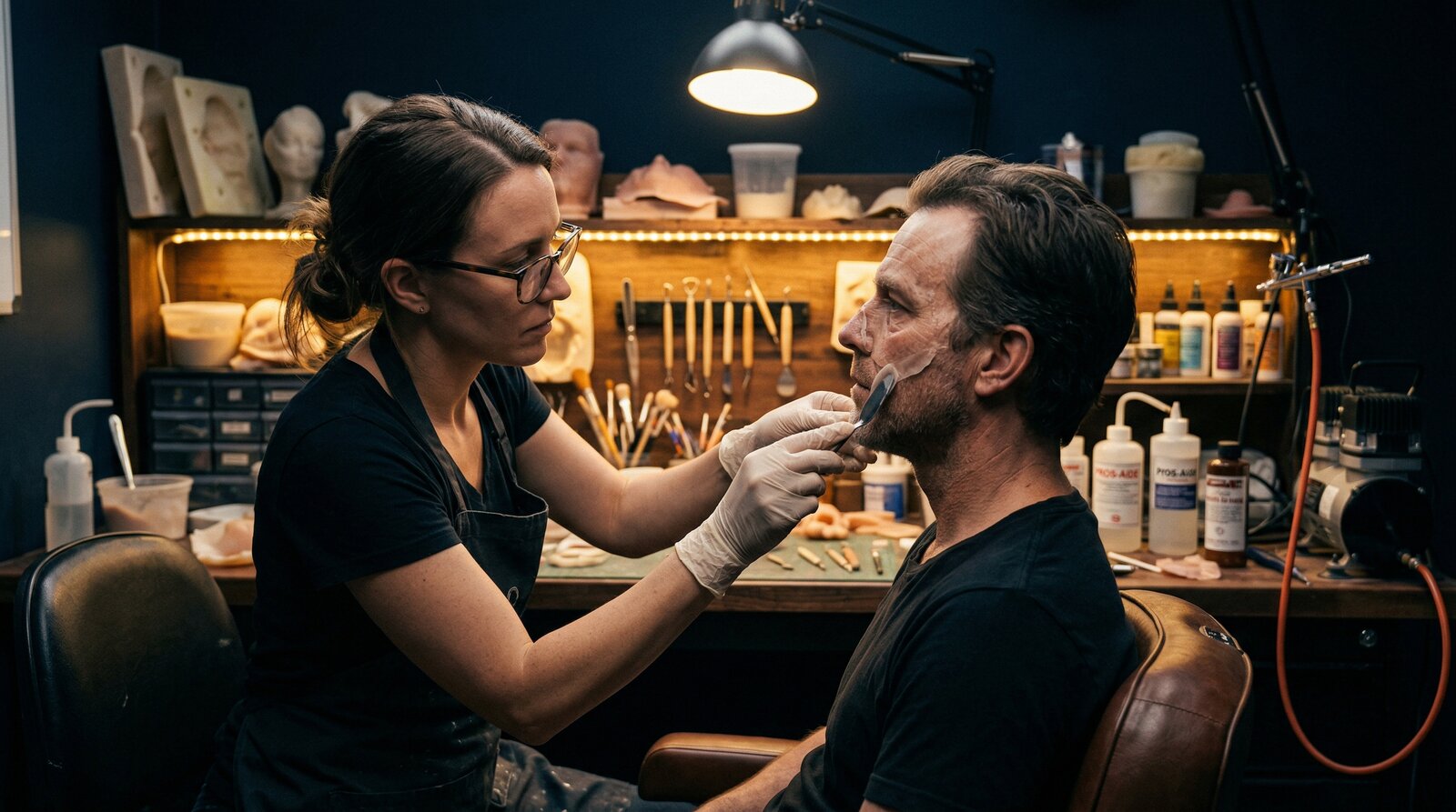 SFX makeup artist applying facial prosthetics to an actor in a film studio workshop surrounded by sculpting tools and molds
