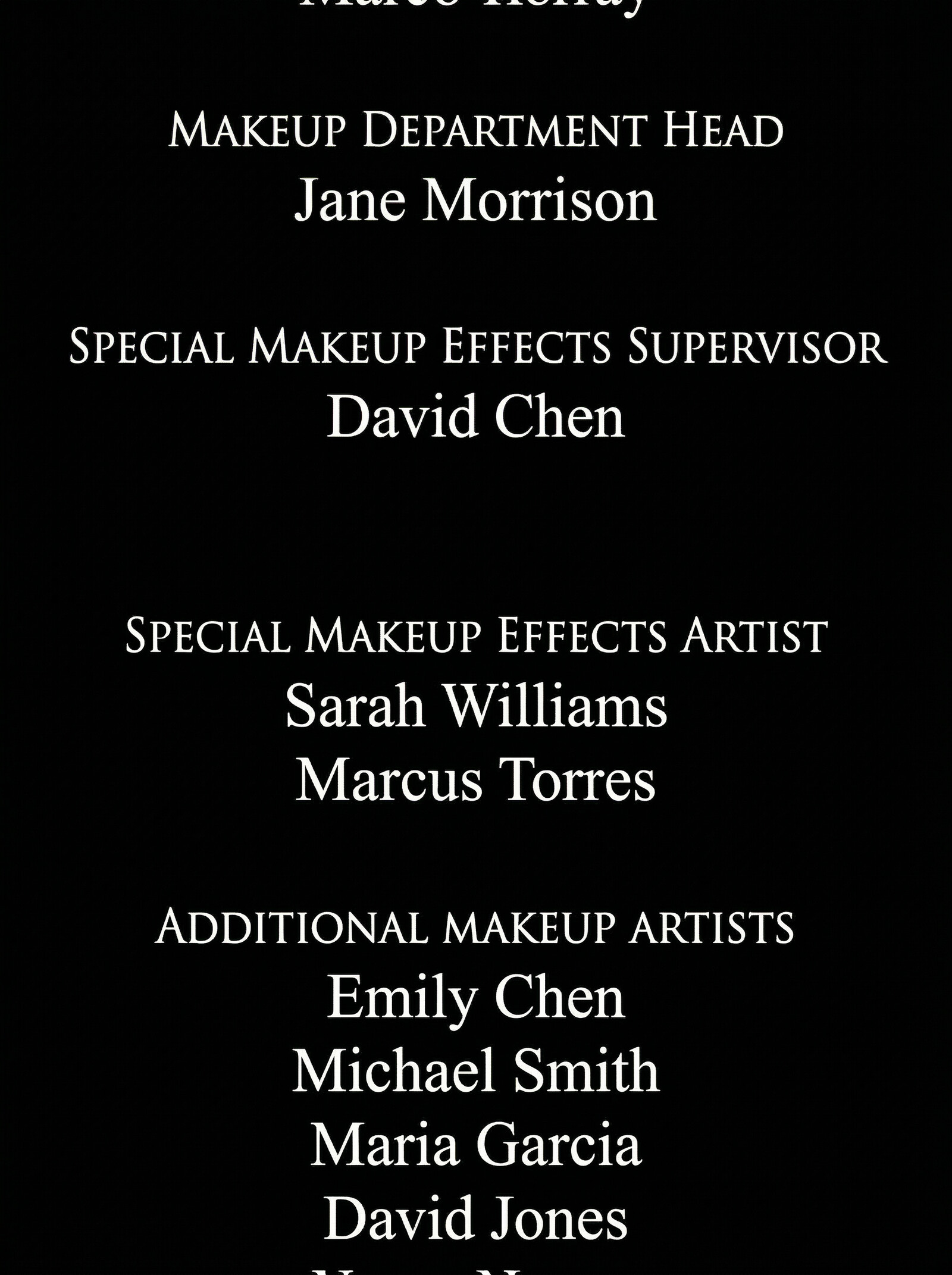 Film end credits scroll showing Hair and Makeup Department block with Special Makeup Effects Supervisor and Special Makeup Effects Artist credits