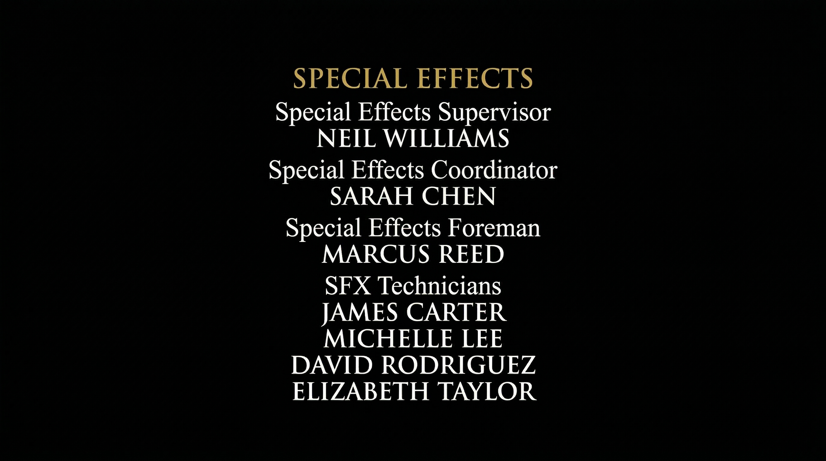 Film end credits scroll showing the Special Effects department block with Special Effects Supervisor, Coordinator, Foreman, and SFX Technicians listed in hierarchy order