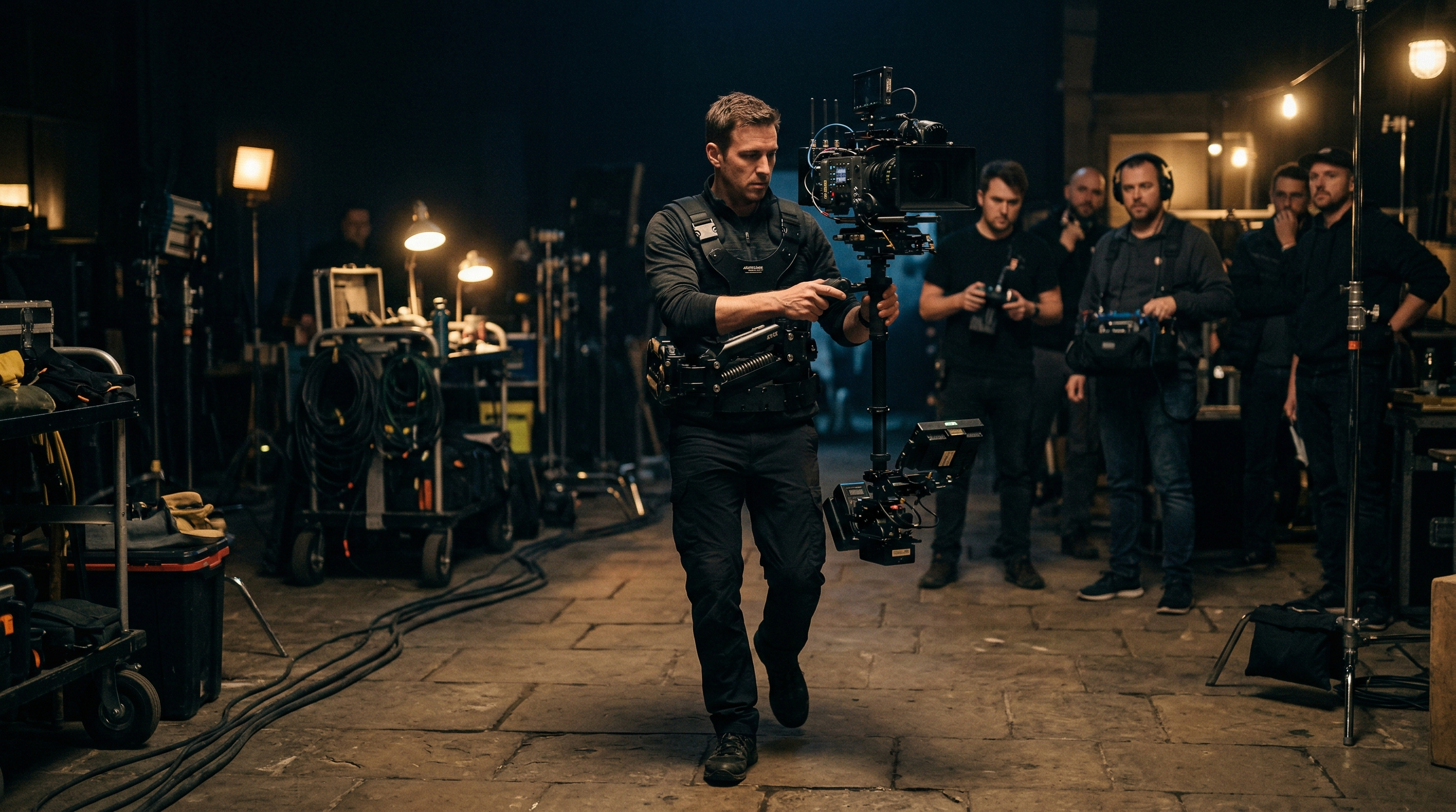 A Steadicam operator in a body vest walking through a dark film set, crew visible in the background