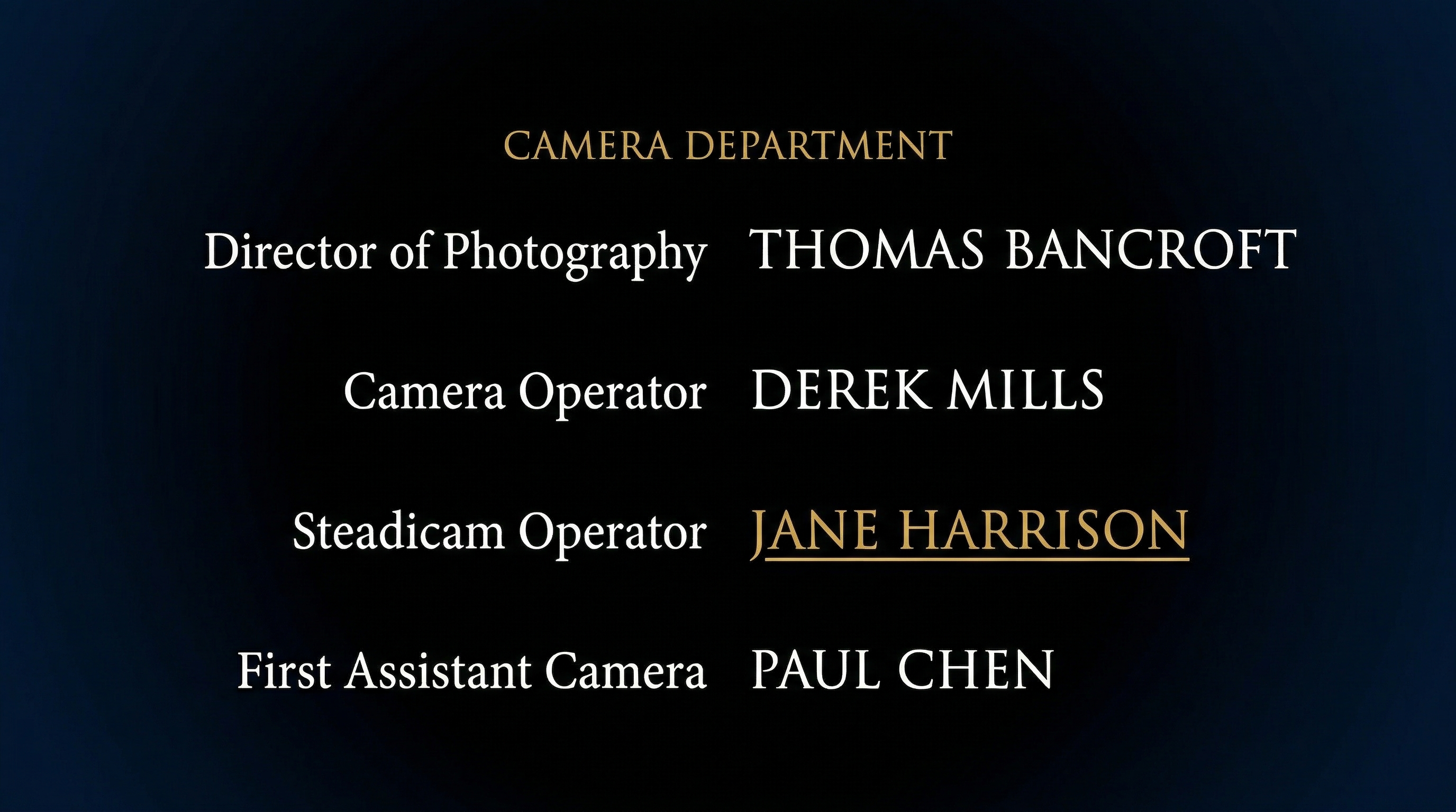 Film end credits scroll showing the camera department block with Steadicam Operator credit highlighted in gold
