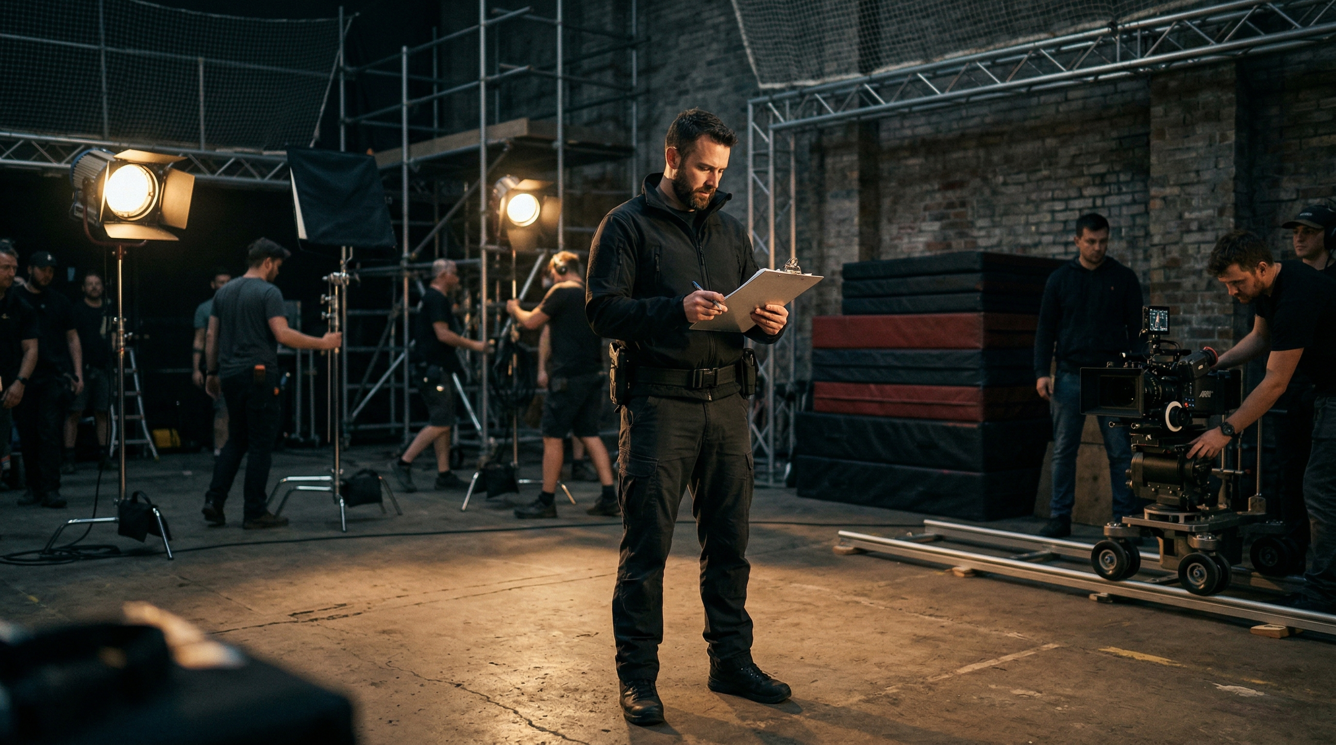 Stunt coordinator reviewing a sequence plan on a film set with crash mats and rigging equipment in the background
