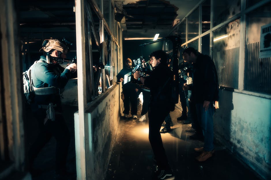 Film crew photographing an actor in a dark corridor during an action sequence, with cinematographer and director in frame